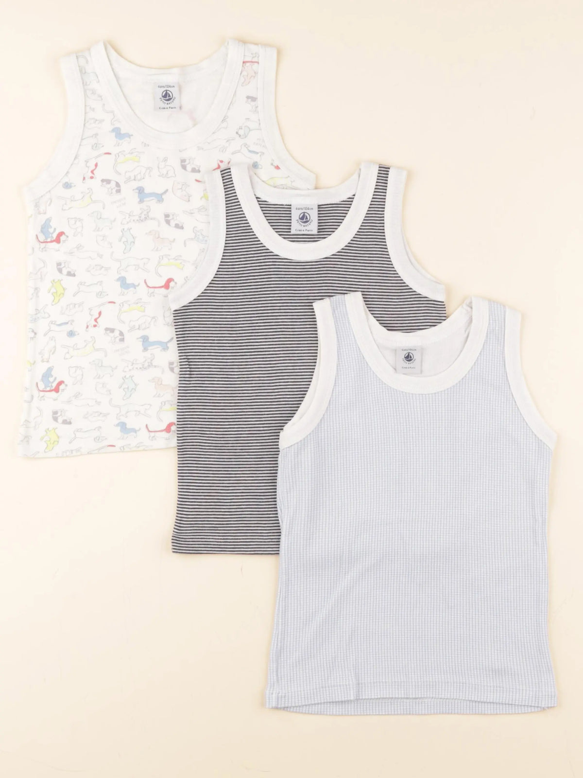 Petit Bateau - lot de 3 maillots de corps blanc, bleu - 4 ans