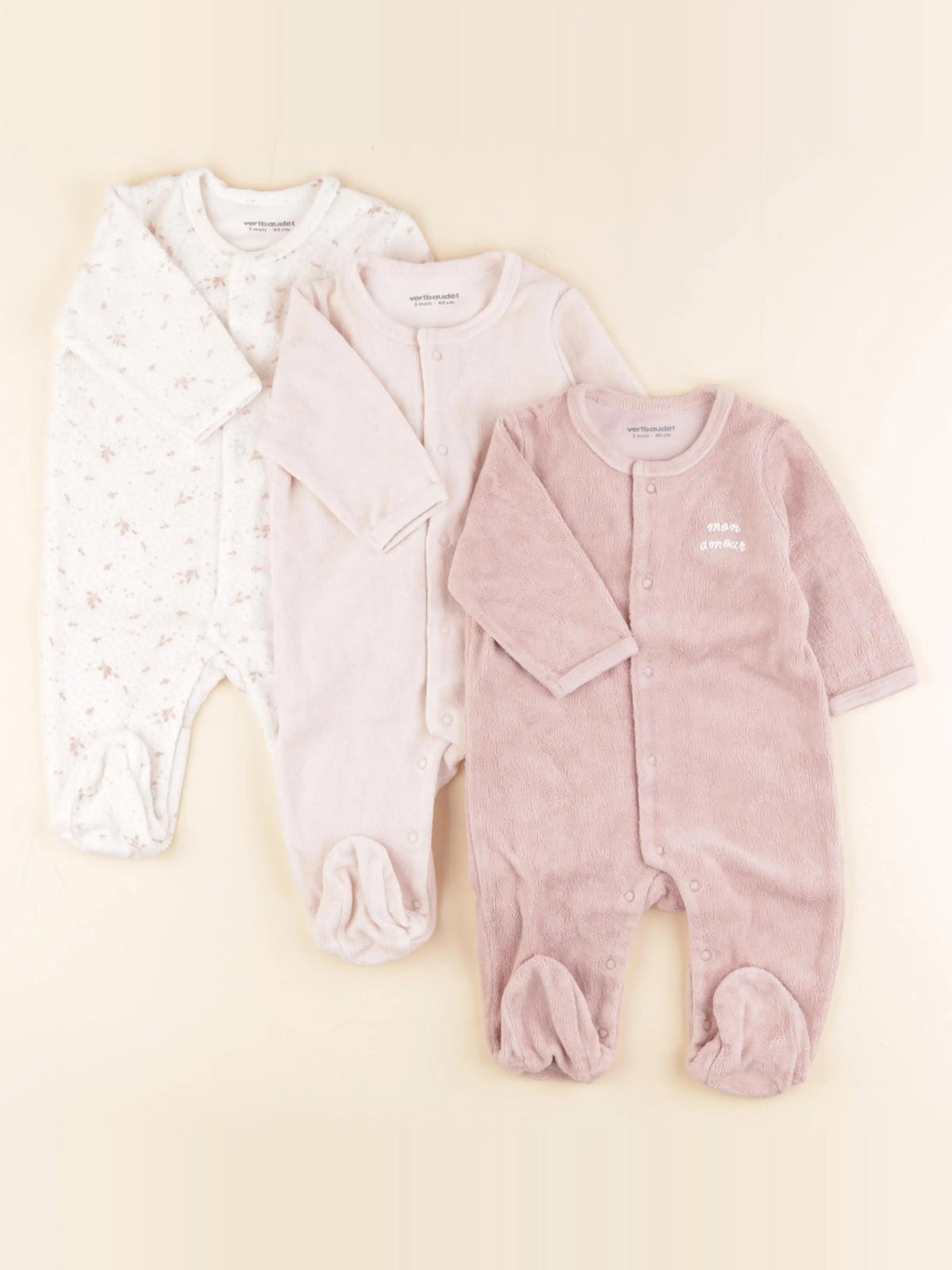Vertbaudet - lot de 3 pyjamas velours blanc, rose - 3 mois