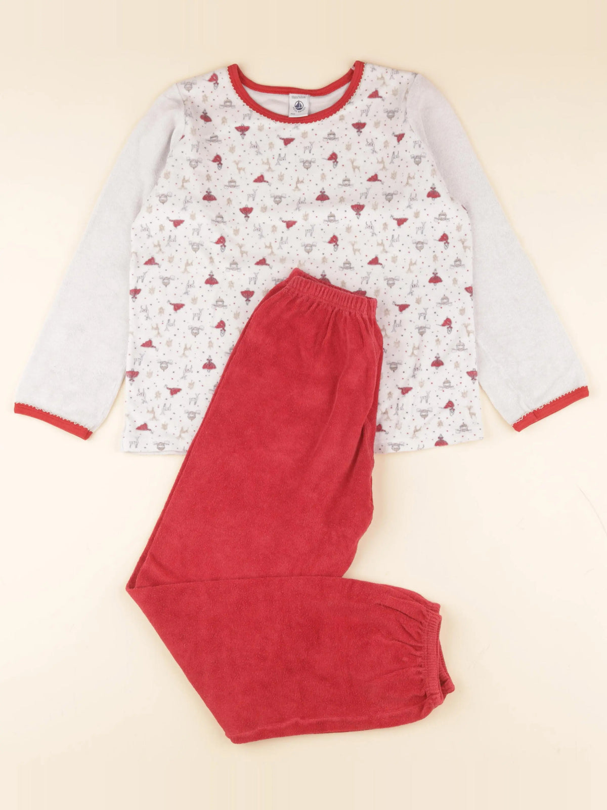 Petit Bateau - pyjama velours blanc, rouge - 10 ans