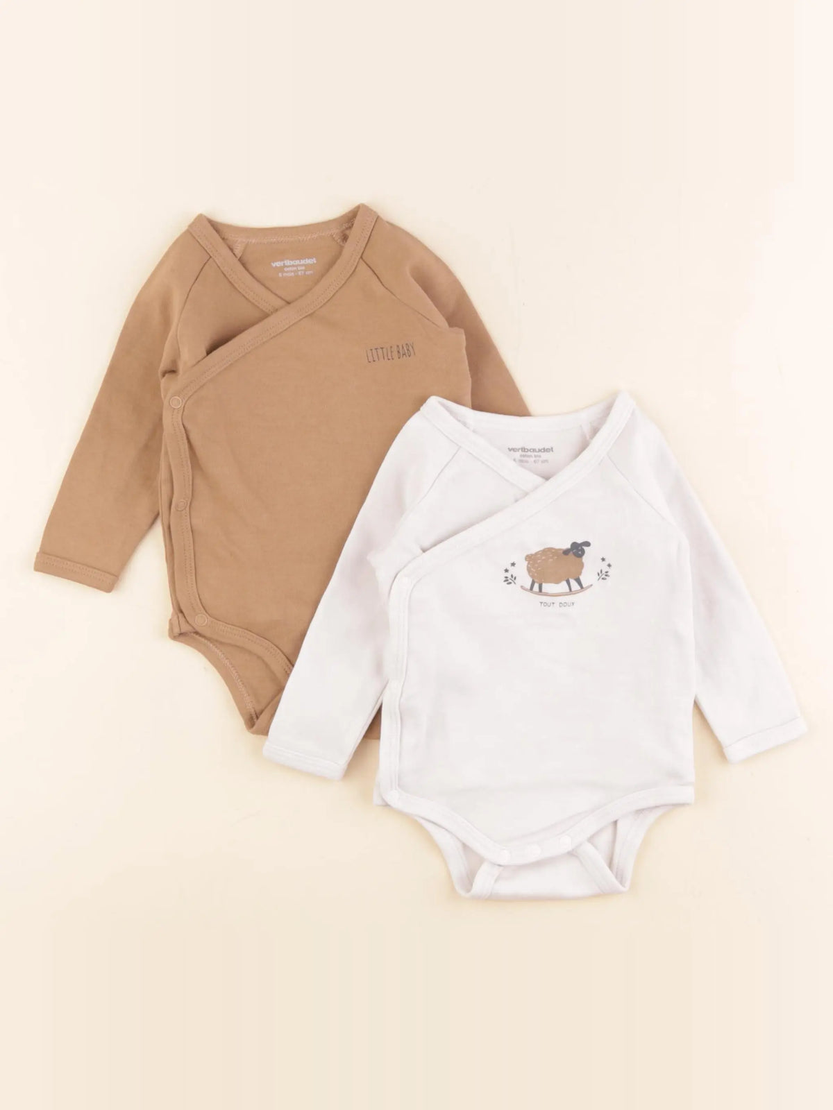 Vertbaudet - lot de 2 bodies en coton marron, blanc - 6 mois