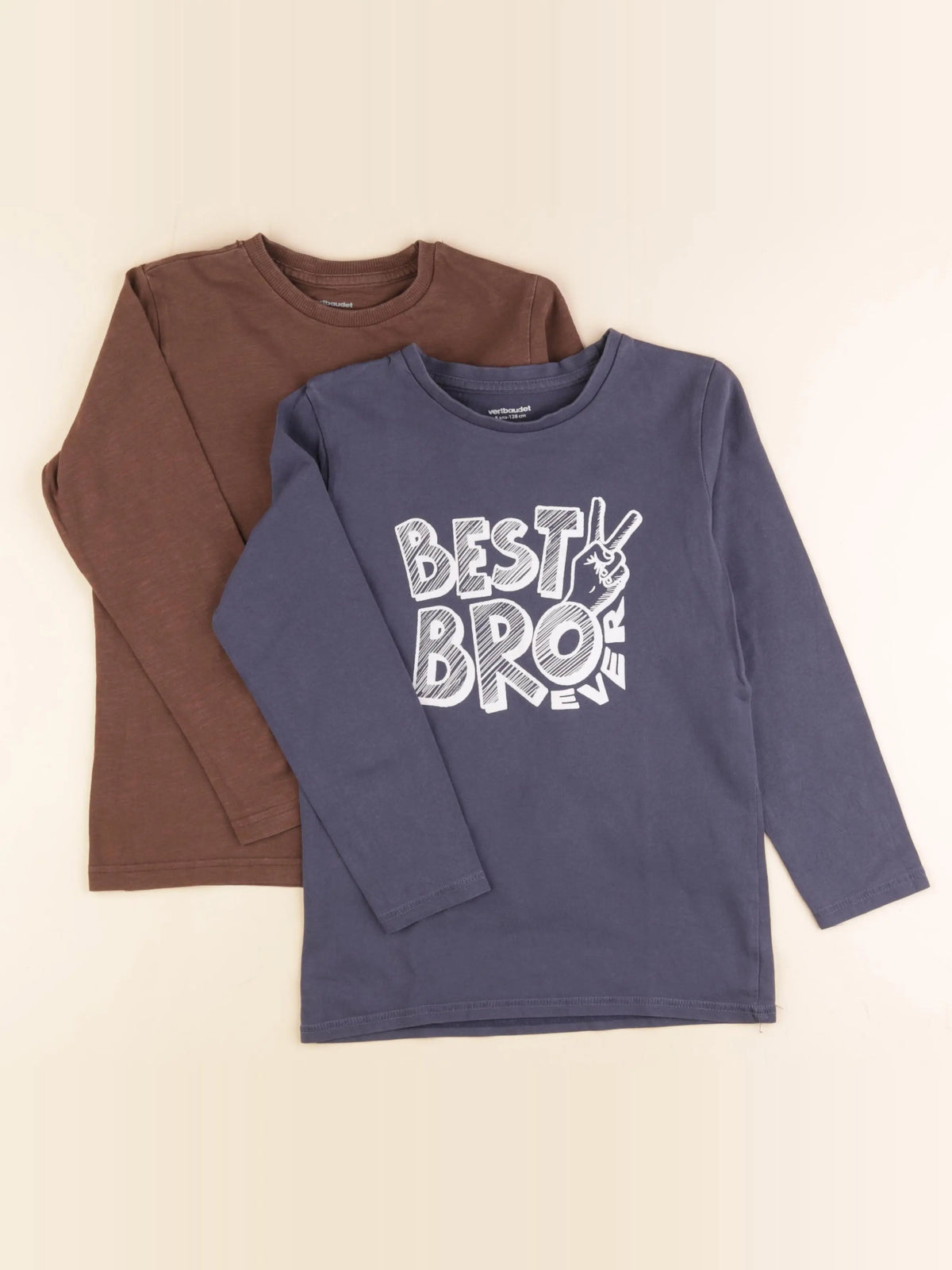 Vertbaudet - lot de 2 tee-shirts coton bleu, marron - 8 ans