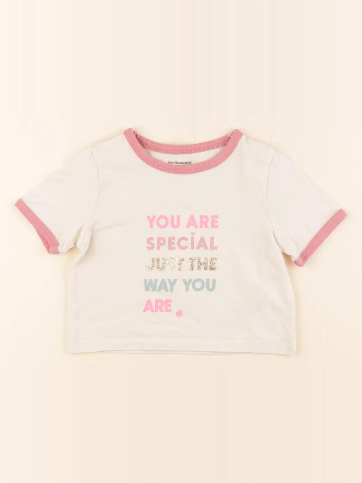 Vertbaudet - tee-shirt beige, rose - 4 ans