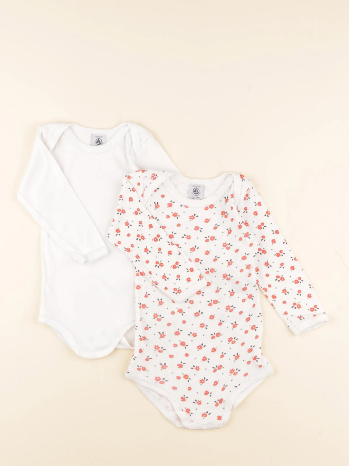 Petit Bateau - lot de 2 bodies en coton blanc, rouge - 18 mois