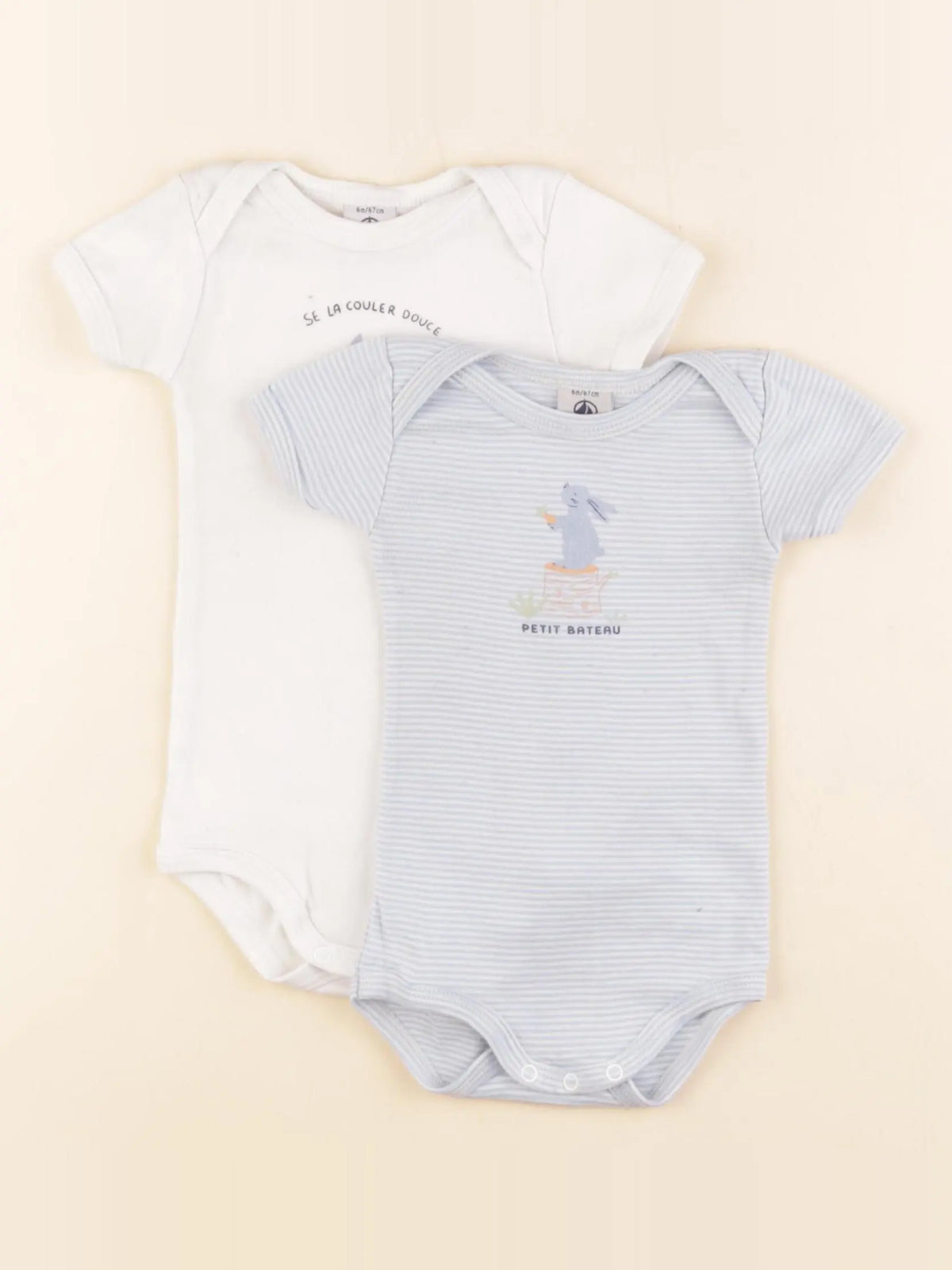 Petit Bateau - lot de 2 bodies en coton blanc, bleu - 6 mois