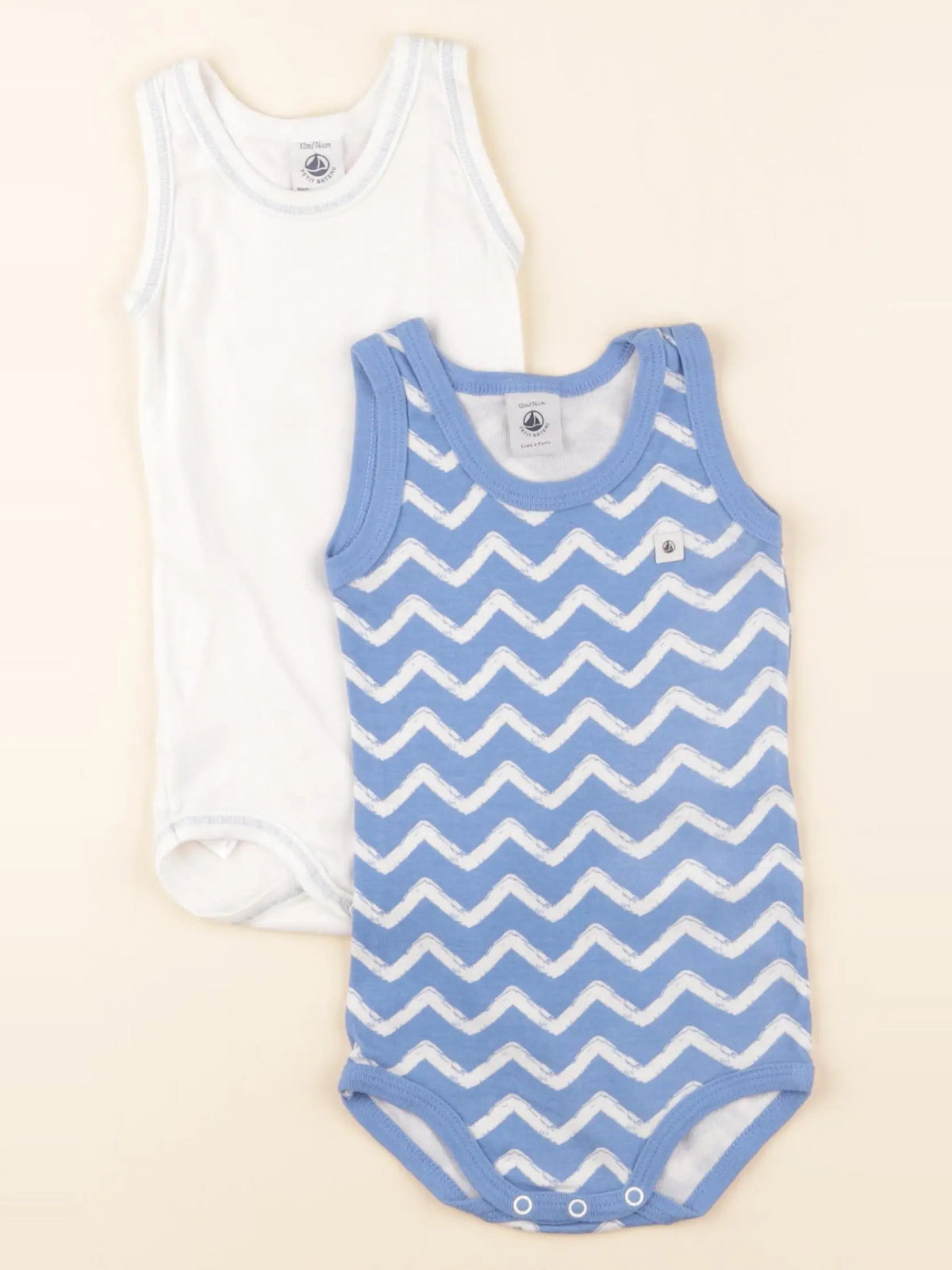 Petit Bateau - lot de 2 bodies en coton blanc, bleu - 12 mois