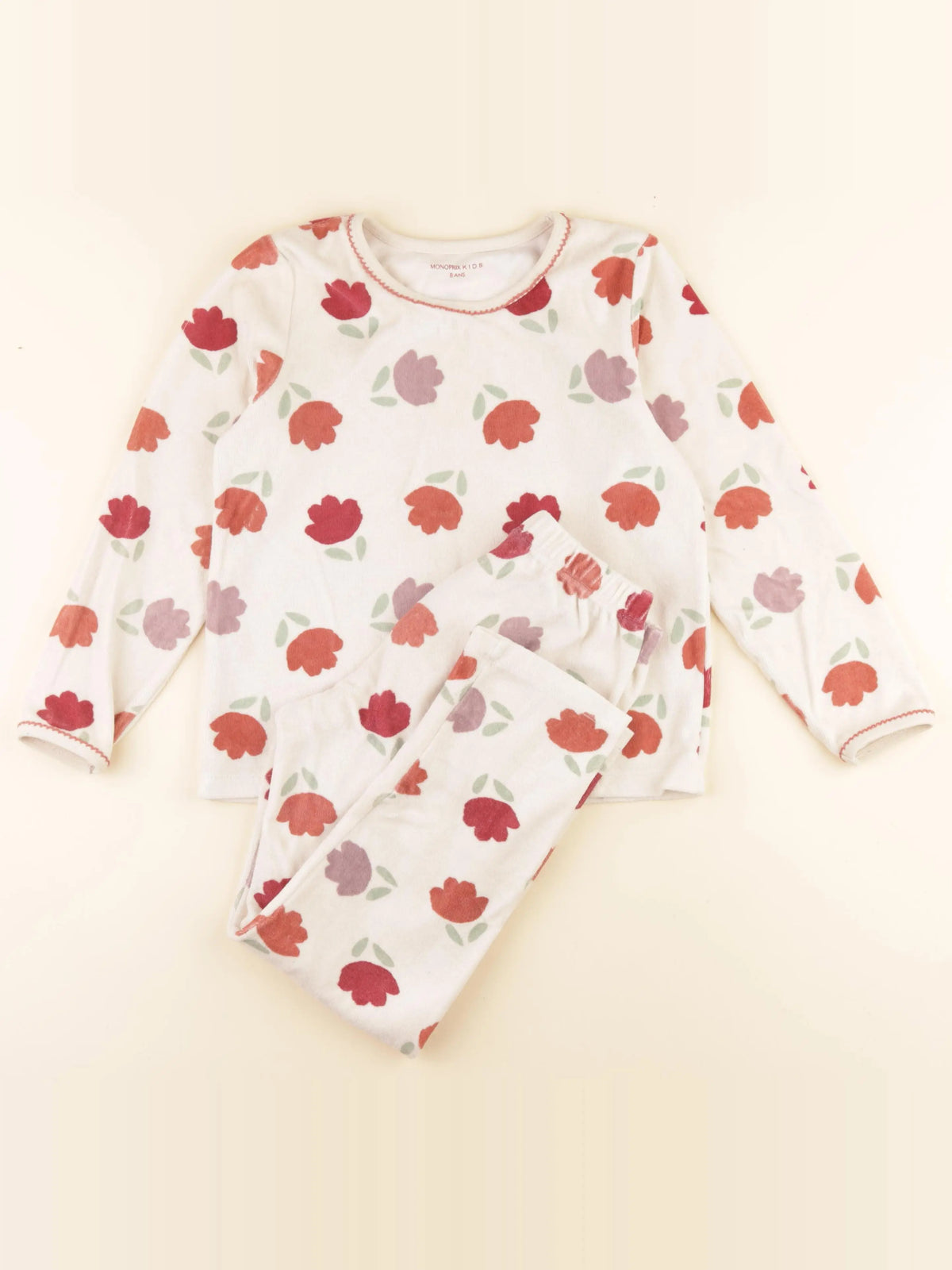 Monoprix - pyjama velours beige, rouge - 8 ans