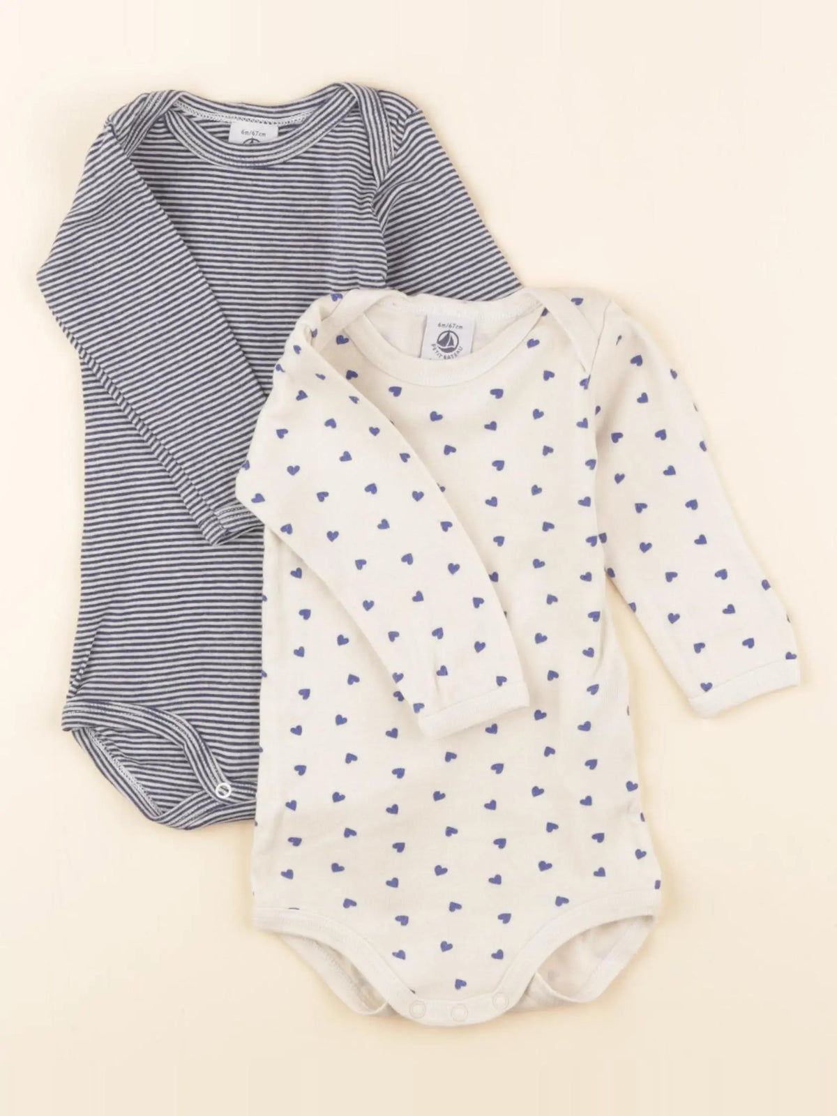 Petit Bateau - lot de 2 bodies en coton bleu, beige - 6 mois
