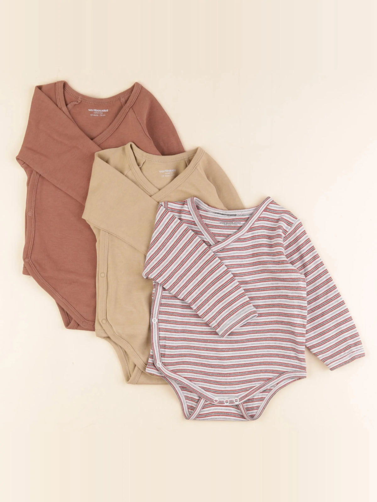 Vertbaudet - lot de 3 bodies en coton marron - 12 mois