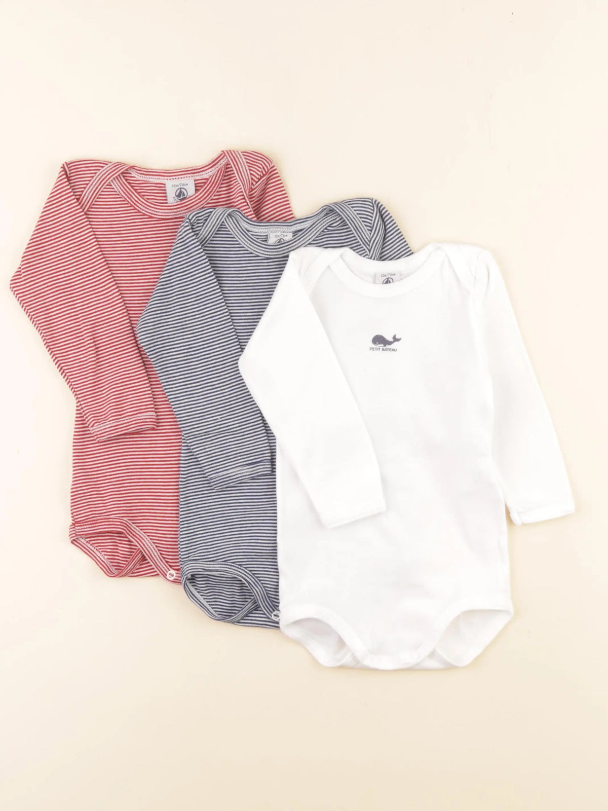 Petit Bateau - lot de 3 bodies en coton bleu, rouge - 12 mois
