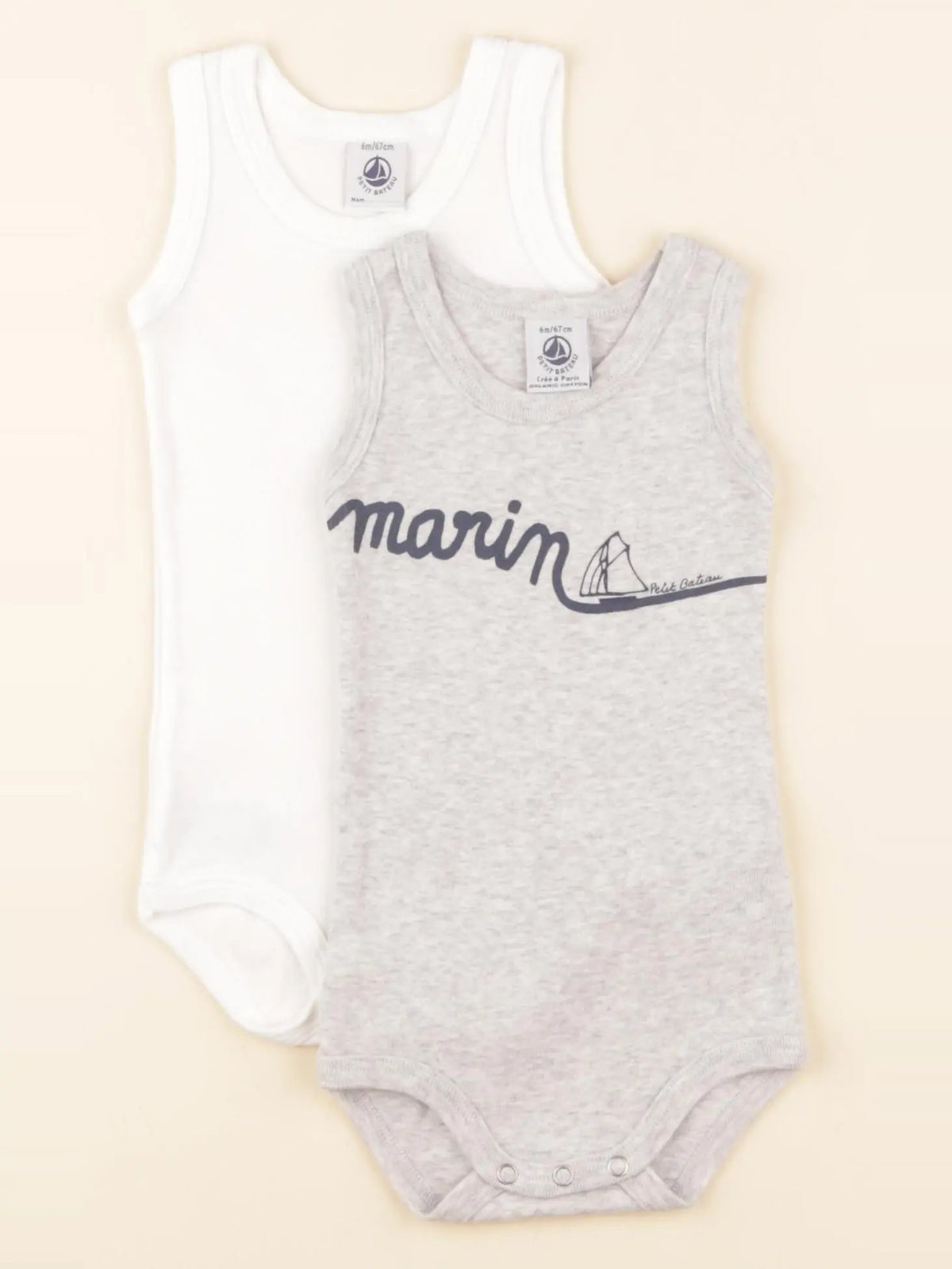 Petit Bateau - lot de 2 bodies en coton blanc, gris - 6 mois