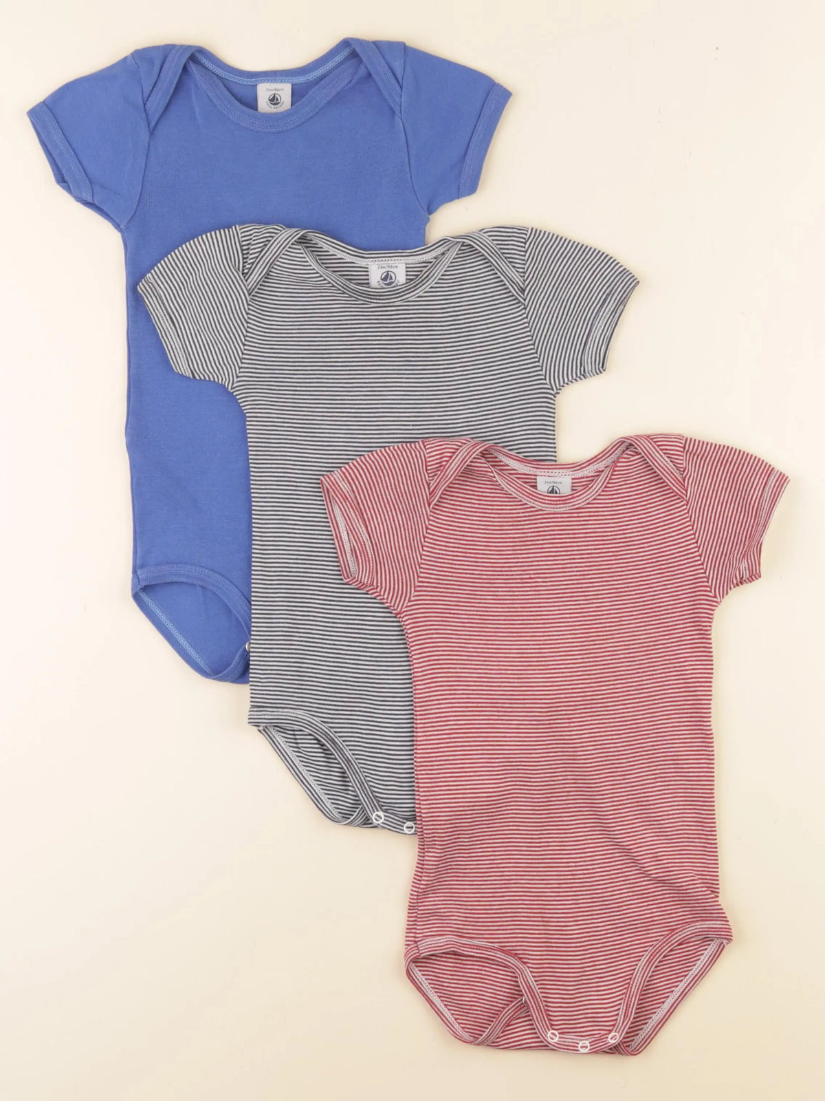 Petit Bateau - lot de 3 bodies en coton rouge, bleu - 24 mois