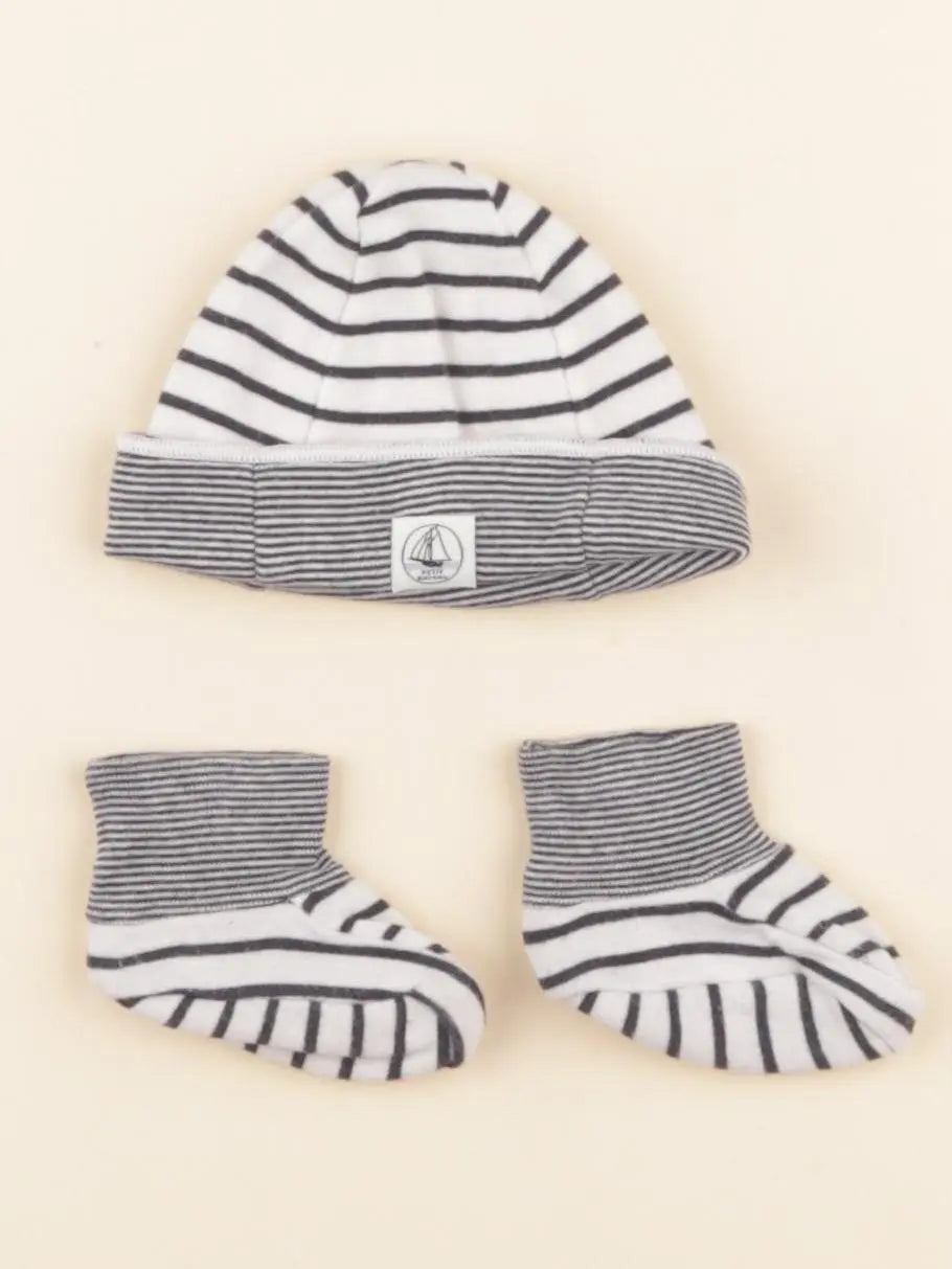 Petit Bateau - ensemble bonnet/chaussons blanc, bleu - 0 mois