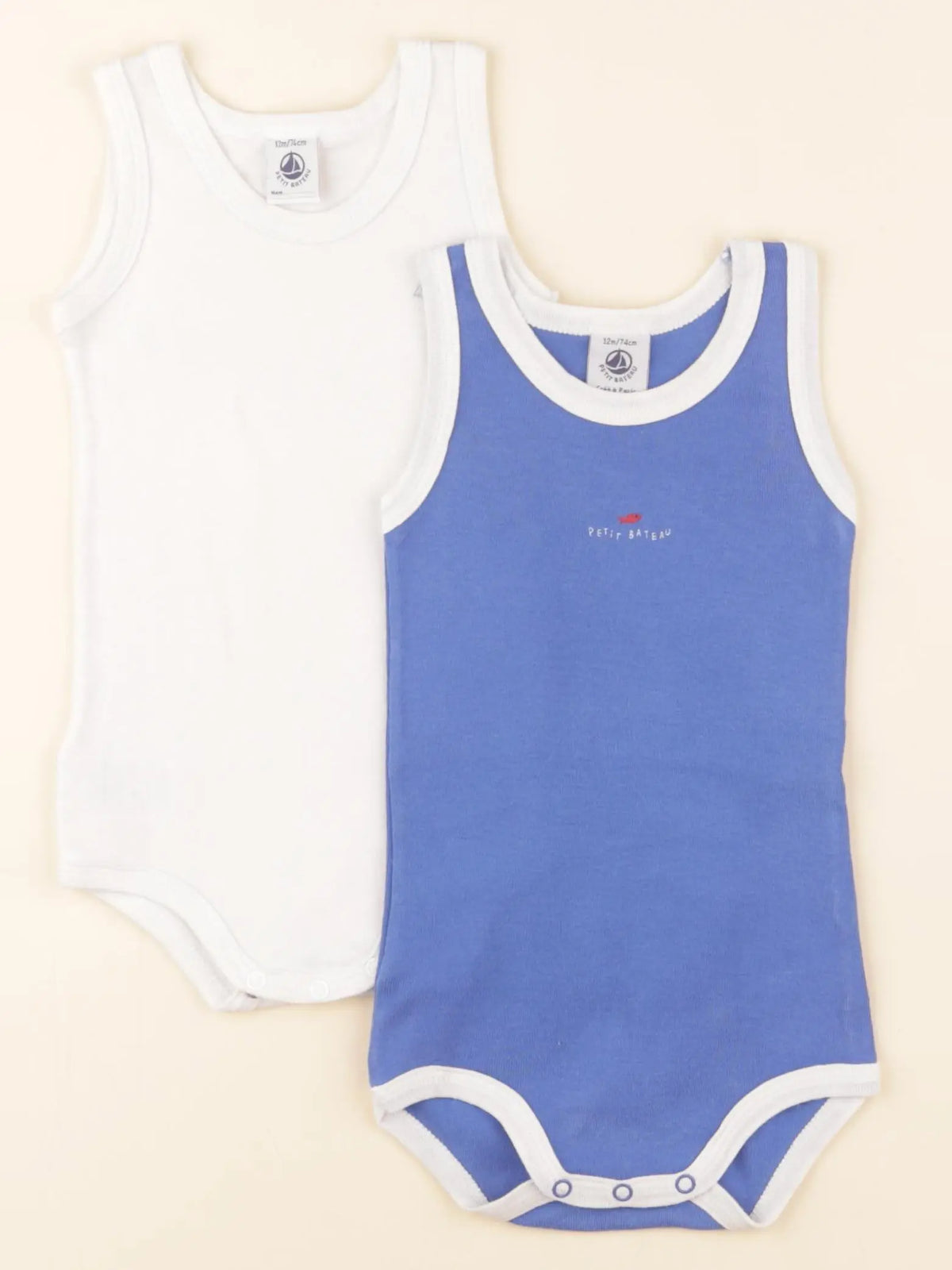 Petit Bateau - lot de 2 bodies en coton blanc, bleu - 12 mois