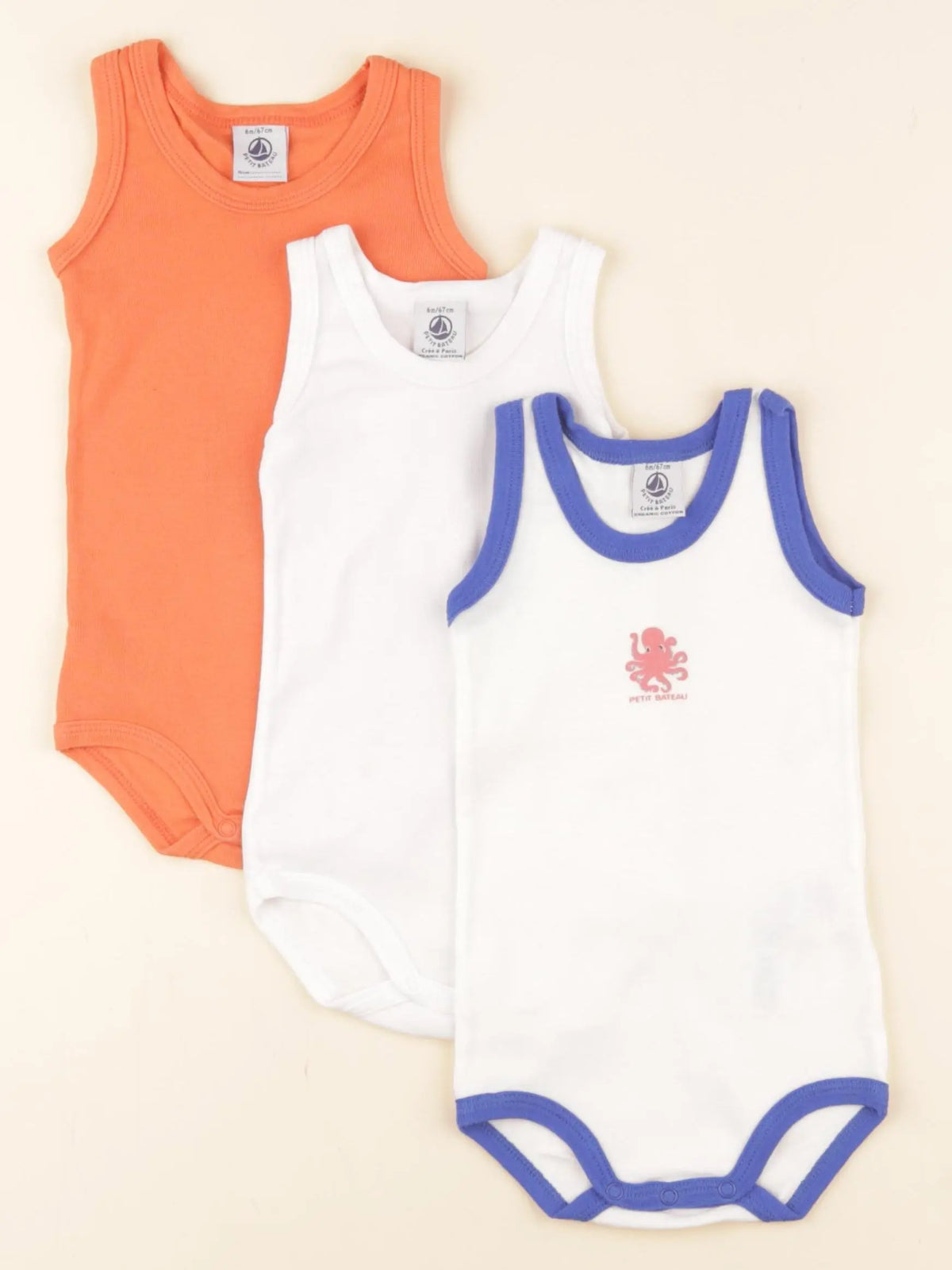 Petit Bateau - lot de 3 bodies en coton blanc, orange - 6 mois