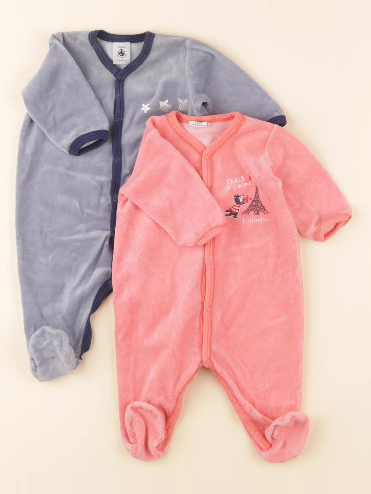 Petit Bateau - lot de 2 pyjamas velours rose, bleu - 3 mois