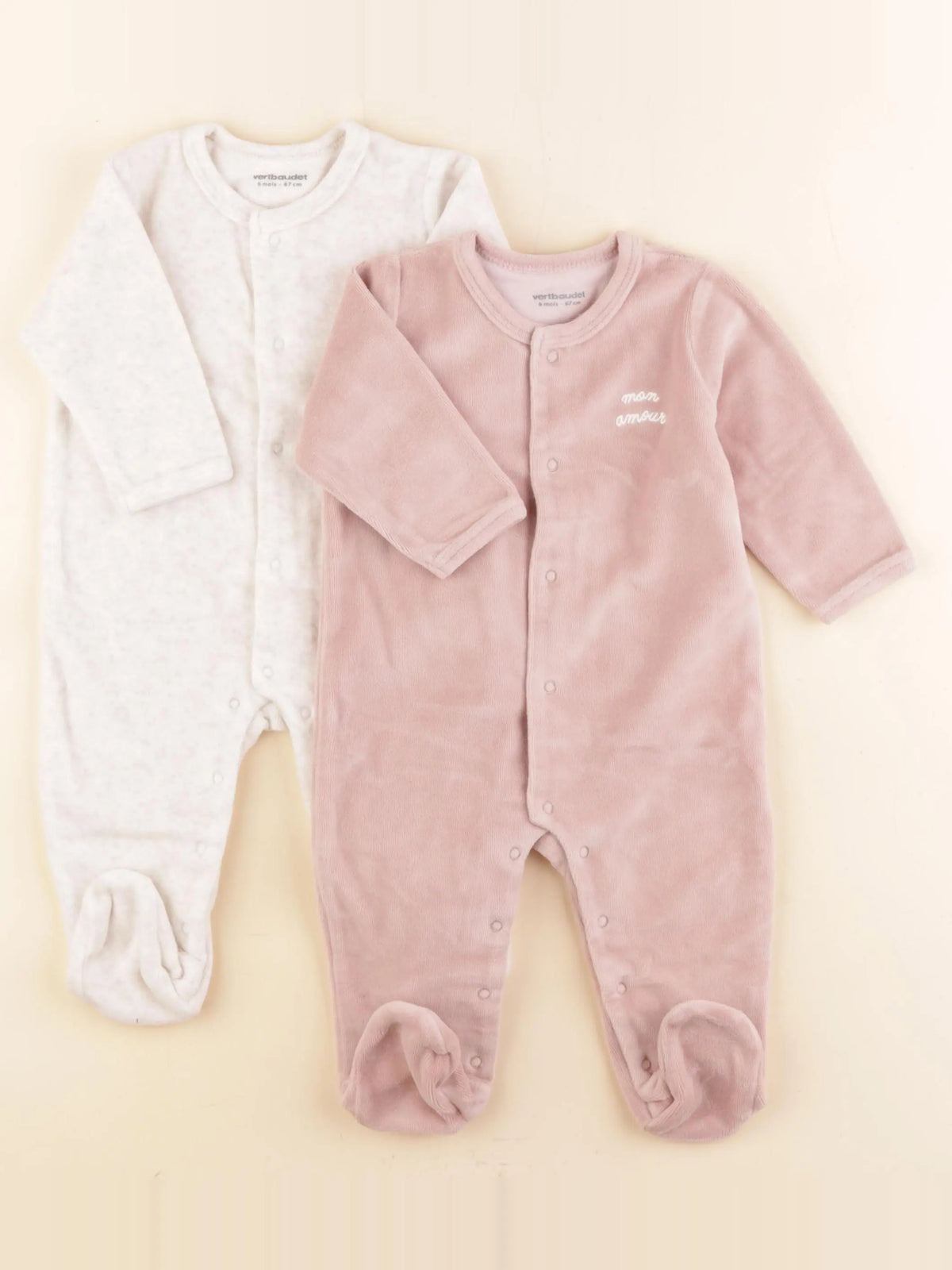 Vertbaudet - lot de 2 pyjamas velours rose, beige - 6 mois