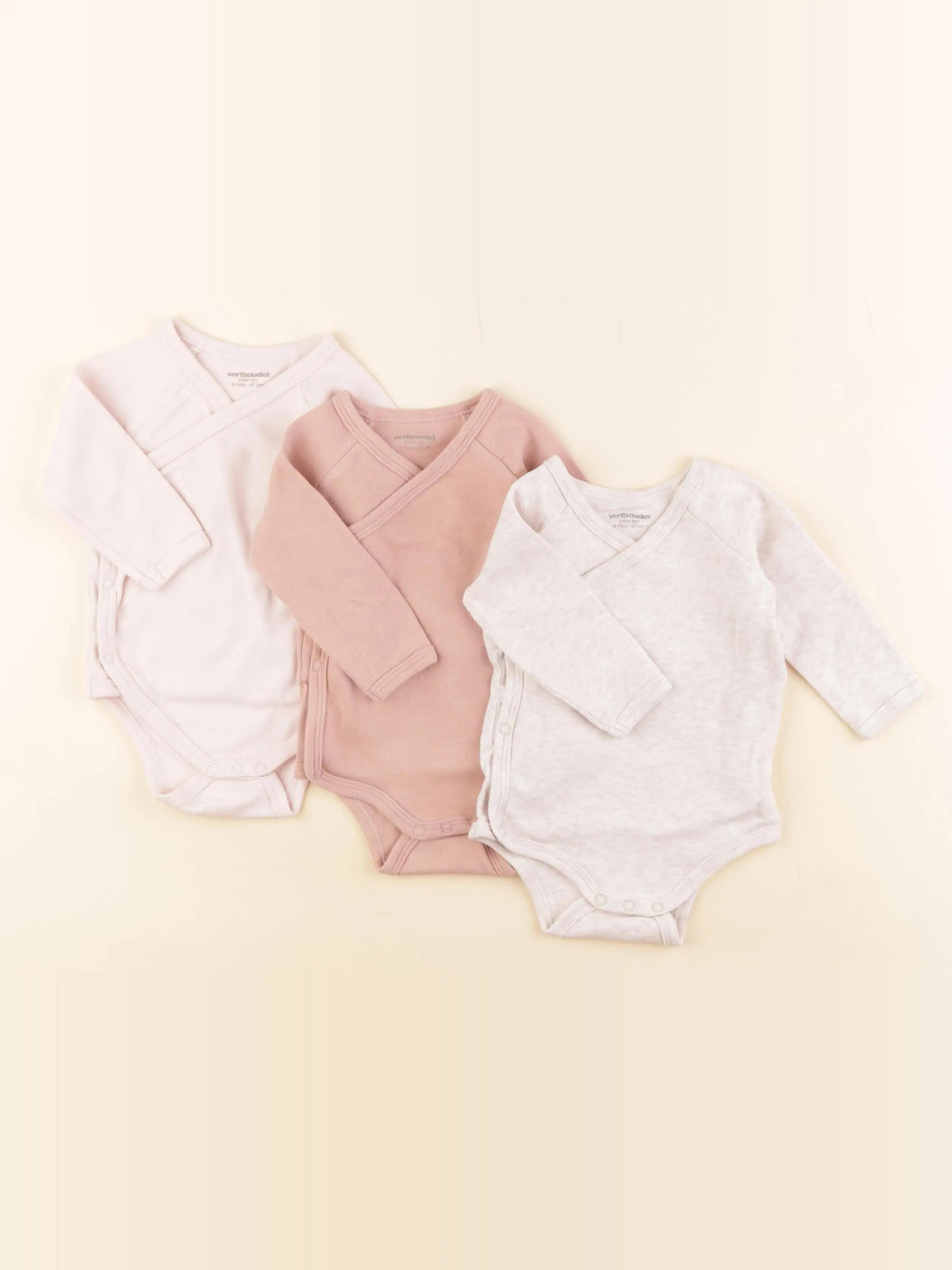 Vertbaudet - lot de 3 bodies en coton rose, beige - 6 mois