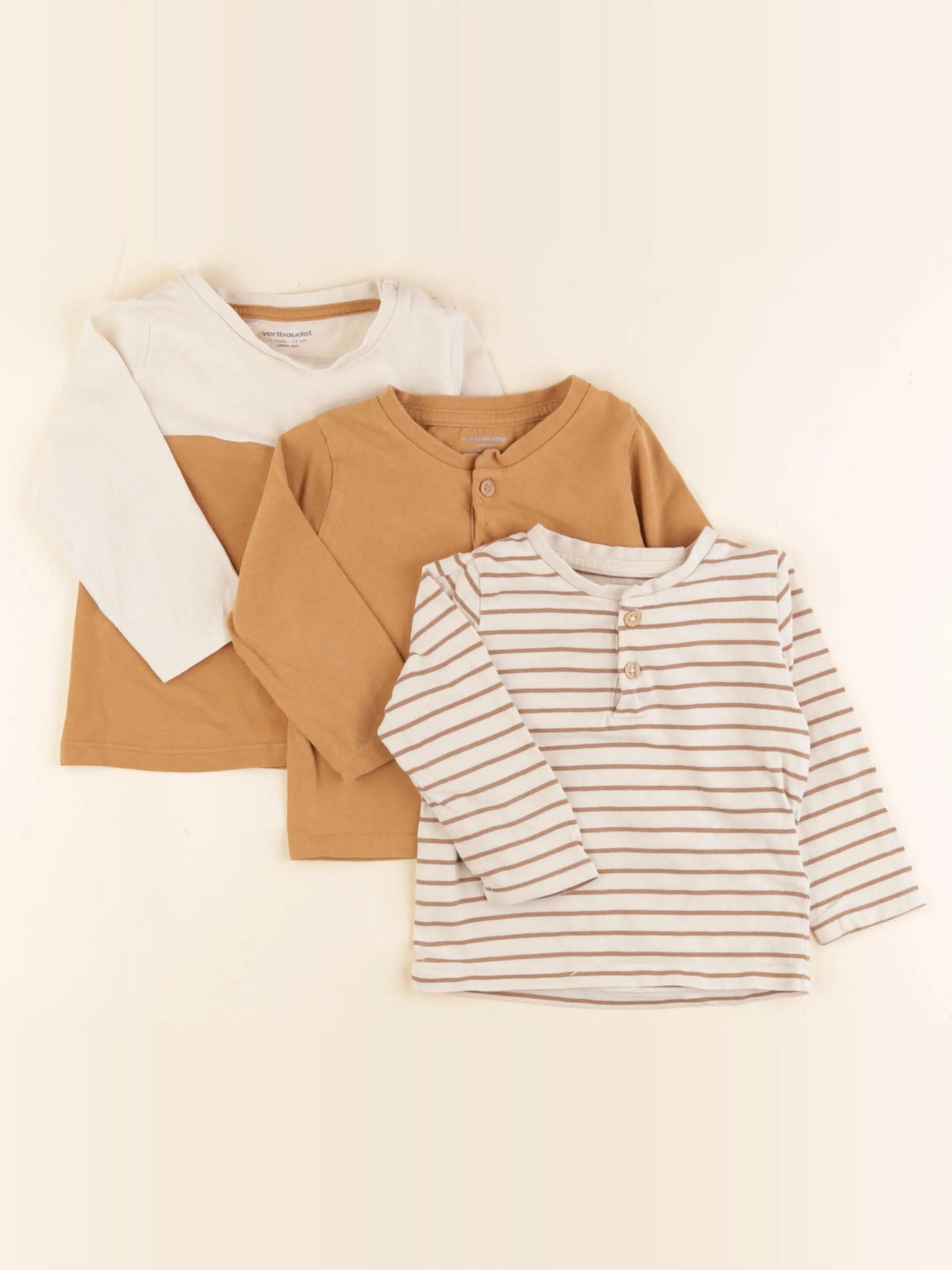 Vertbaudet - lot de 3 tee-shirts marron, beige - 12 mois