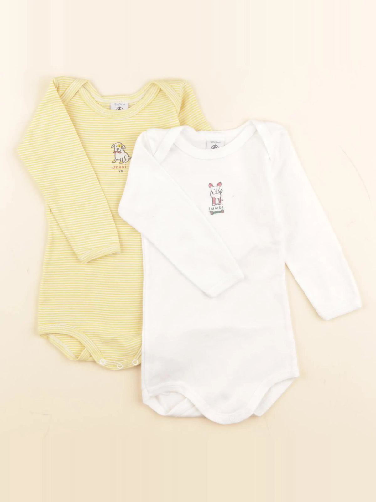 Petit Bateau - lot de 2 bodies en coton blanc, jaune - 12 mois