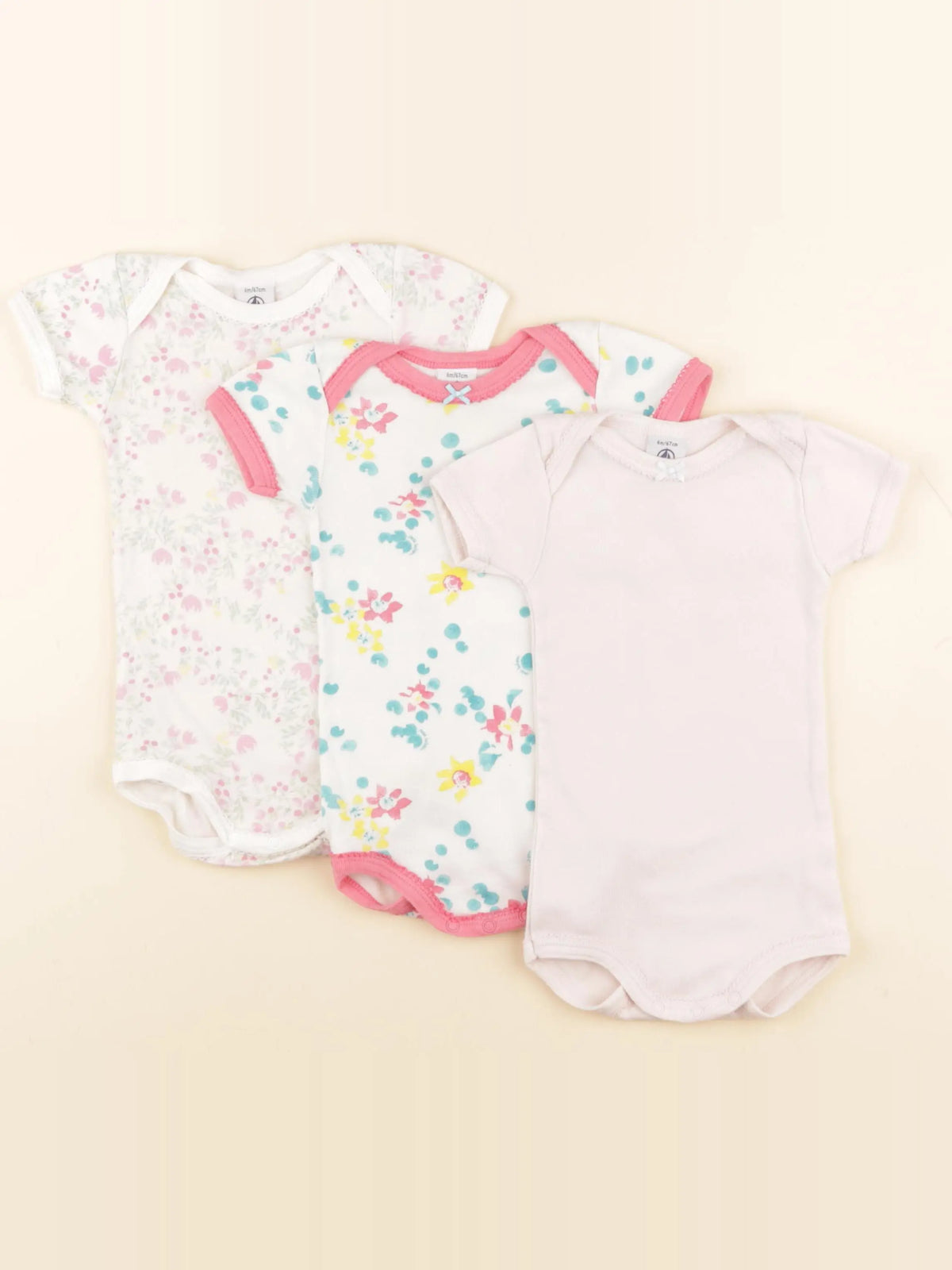 Petit Bateau - lot de 3 bodies en coton blanc, rose - 6 mois