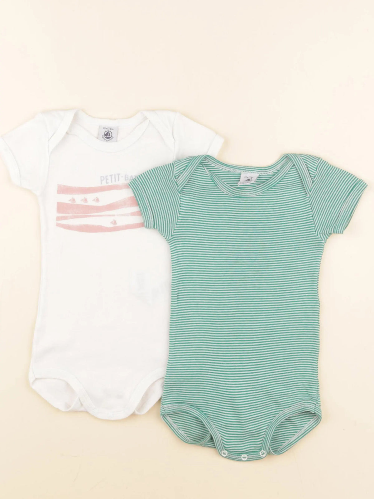 Petit Bateau - lot de 2 bodies en coton blanc, vert - 12 mois
