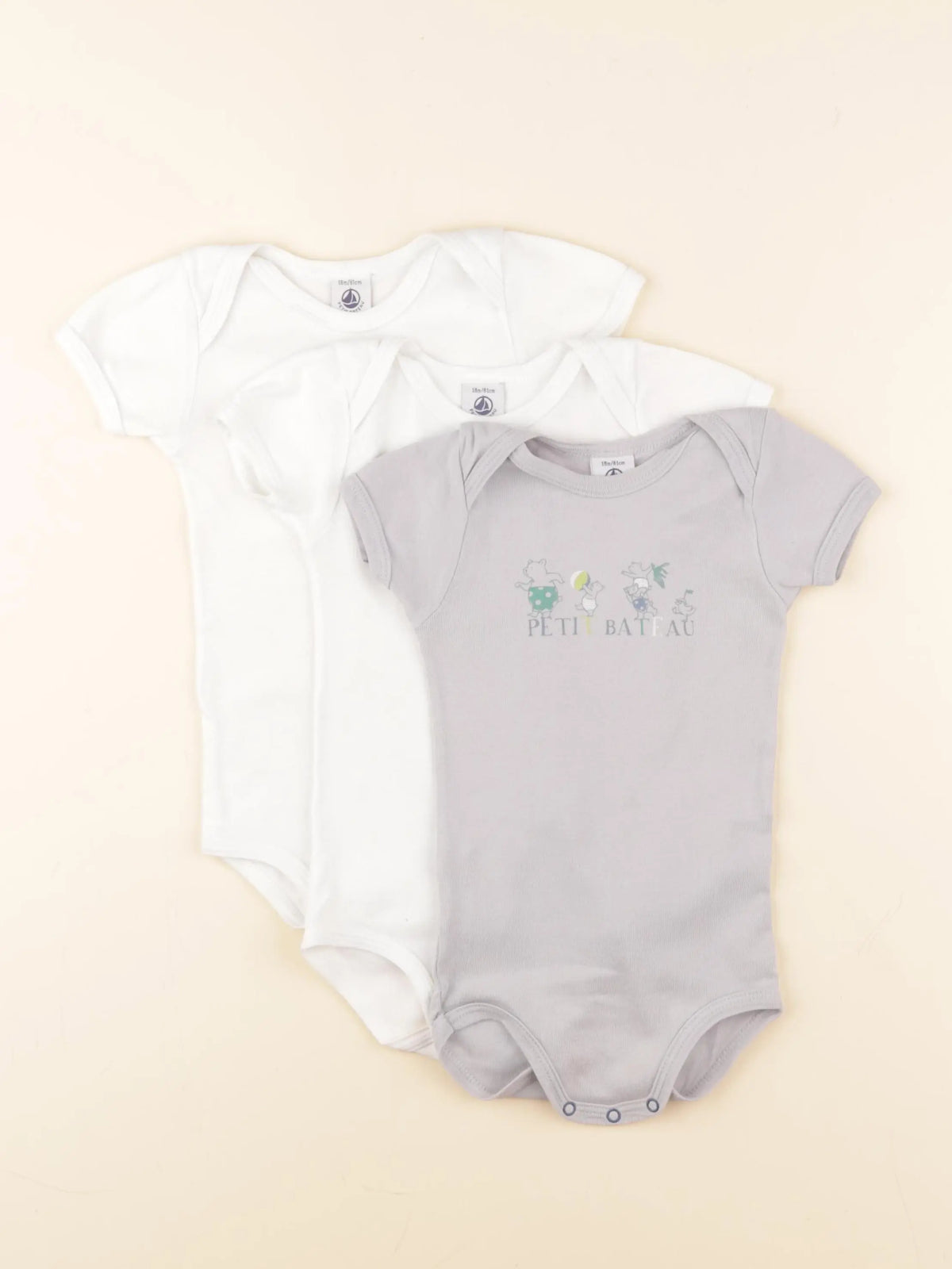 Petit Bateau - lot de 3 bodies en coton blanc, gris - 18 mois