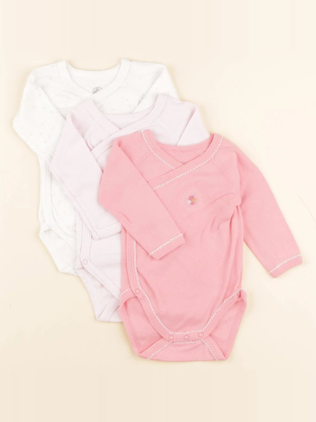 Petit Bateau - lot de 3 bodies en coton blanc, rose - 3 mois