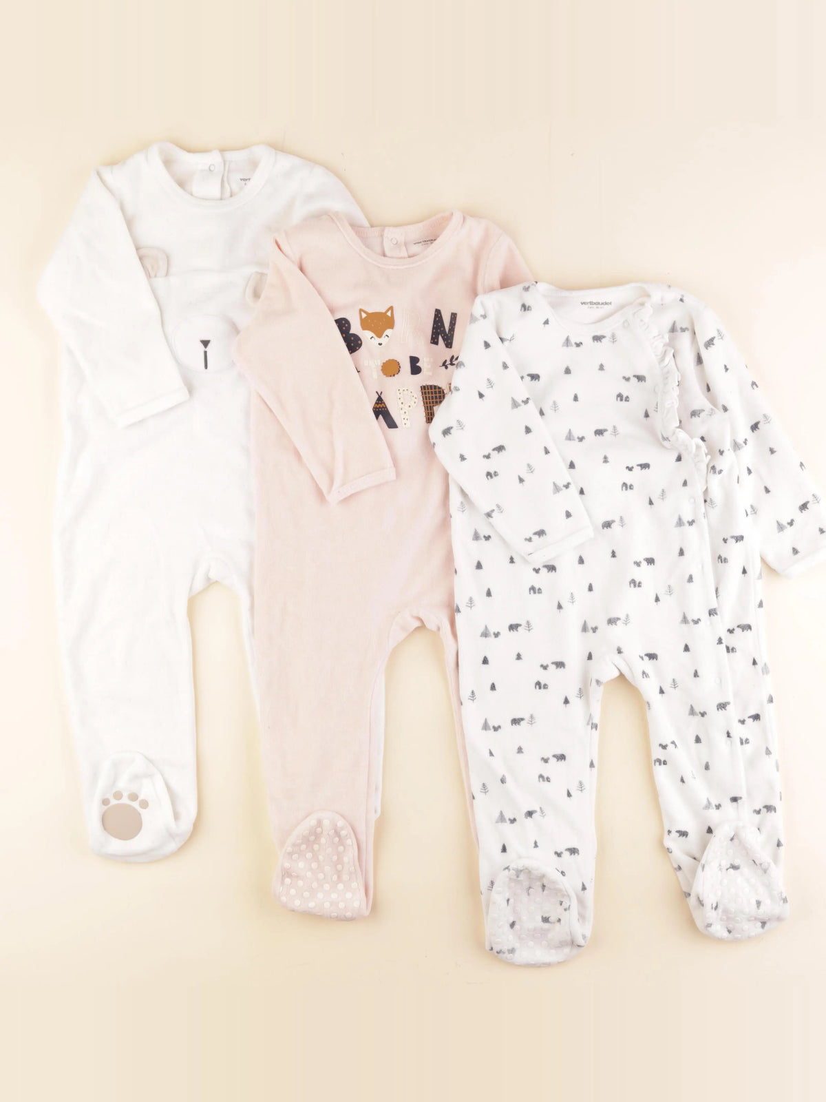 Vertbaudet - lot de 3 pyjamas velours blanc, rose - 2 ans