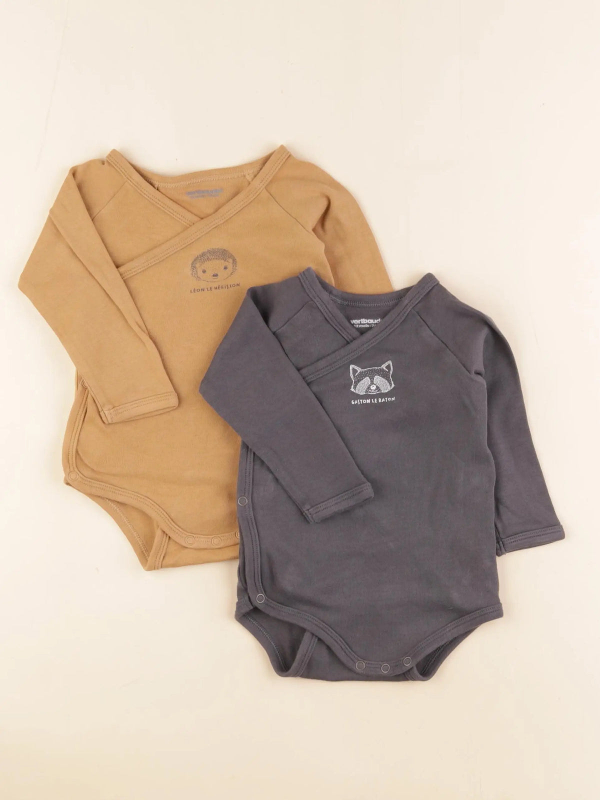 Vertbaudet - lot de 2 bodies en coton marron, gris - 12 mois