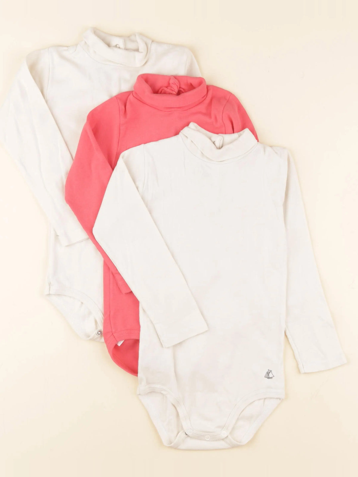 Petit Bateau - lot de 3 bodies à col beige, rouge - 36 mois