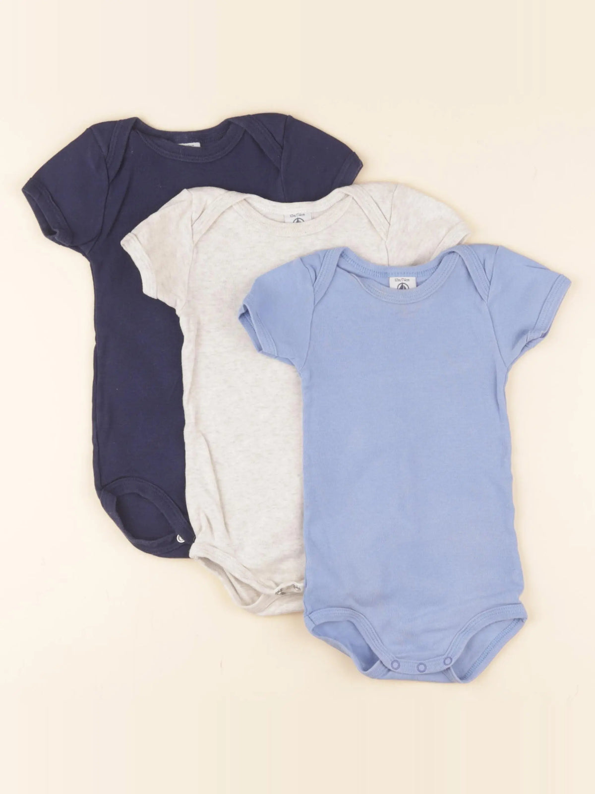 Petit Bateau - lot de 3 bodies en coton bleu, beige - 12 mois