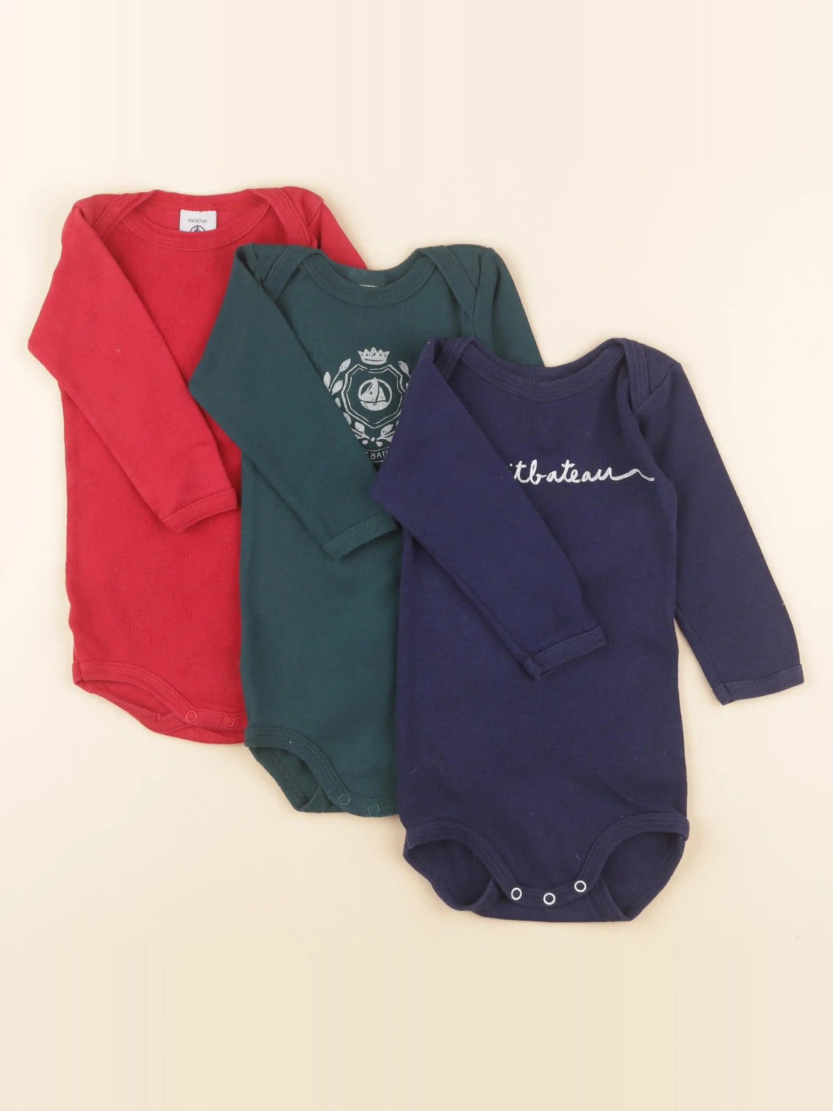 Petit Bateau - lot de 3 bodies en coton rouge, vert, bleu - 6 mois