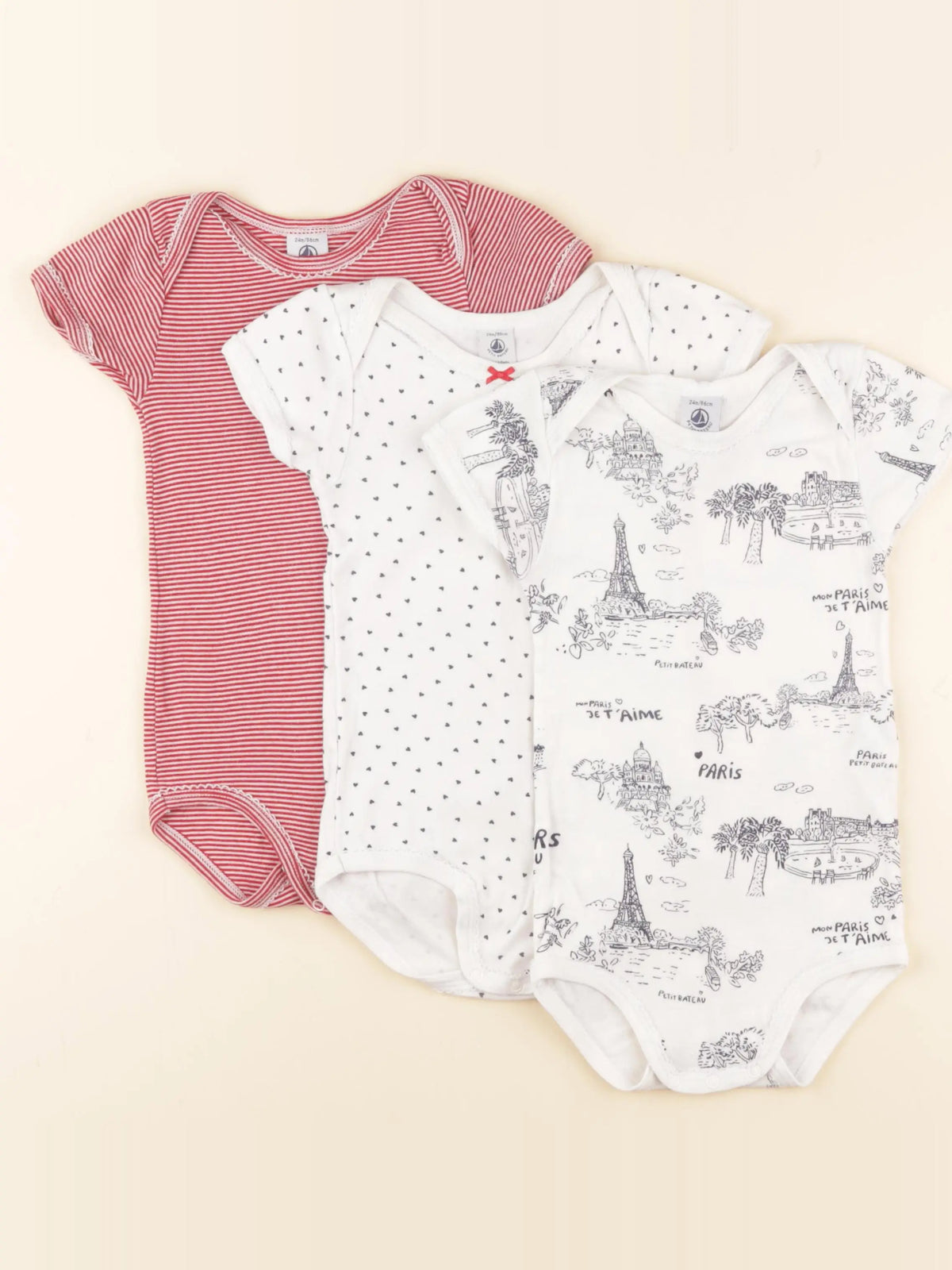 Petit Bateau - lot de 3 bodies en coton blanc, rouge - 24 mois