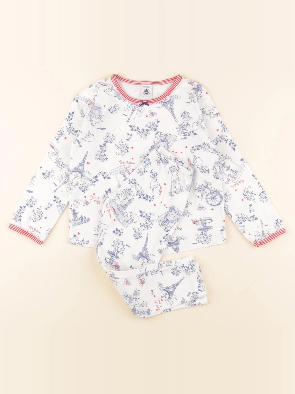 Petit Bateau - pyjama coton blanc, bleu, rouge - 3 ans
