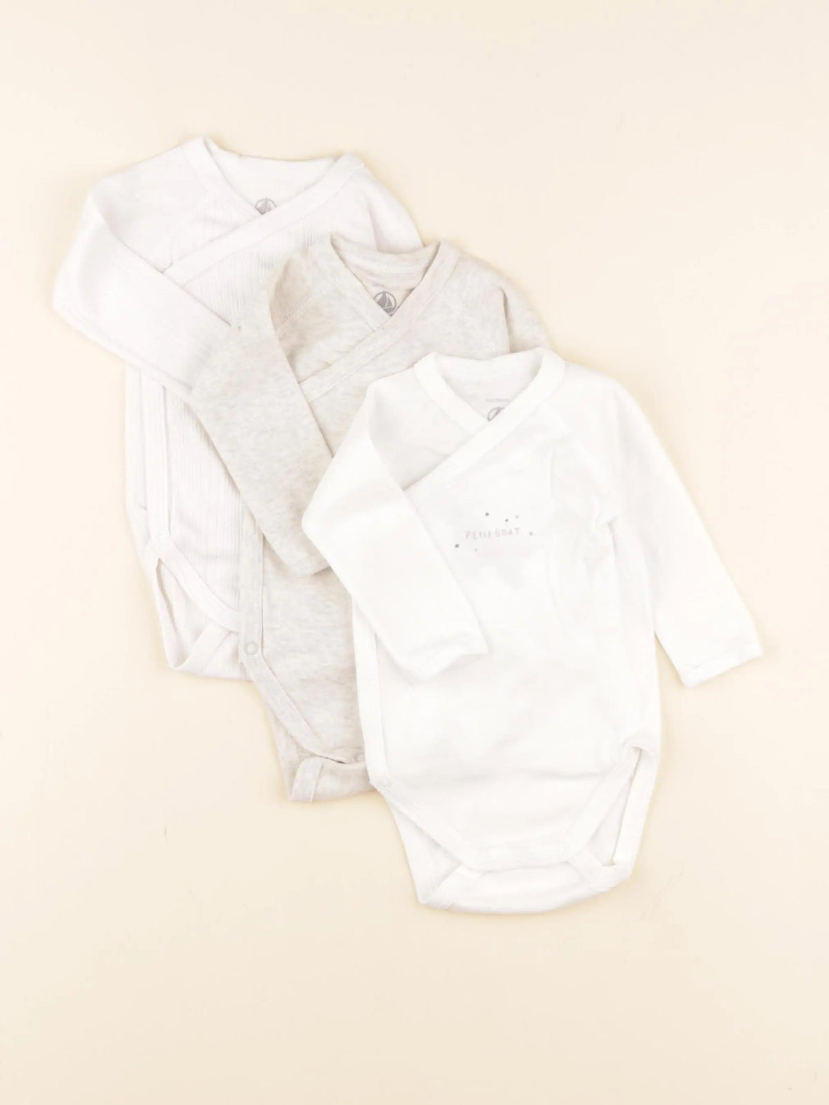 Petit Bateau - lot de 3 bodies en coton beige, blanc - 3 mois