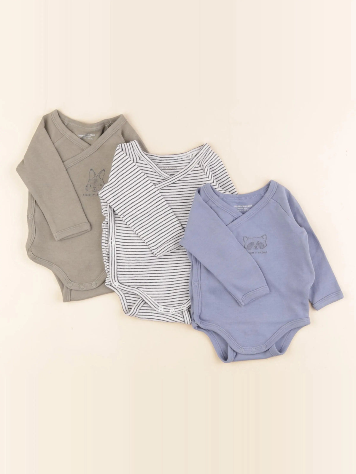 Vertbaudet - lot de 3 bodies en coton bleu, vert, blanc - 3 mois