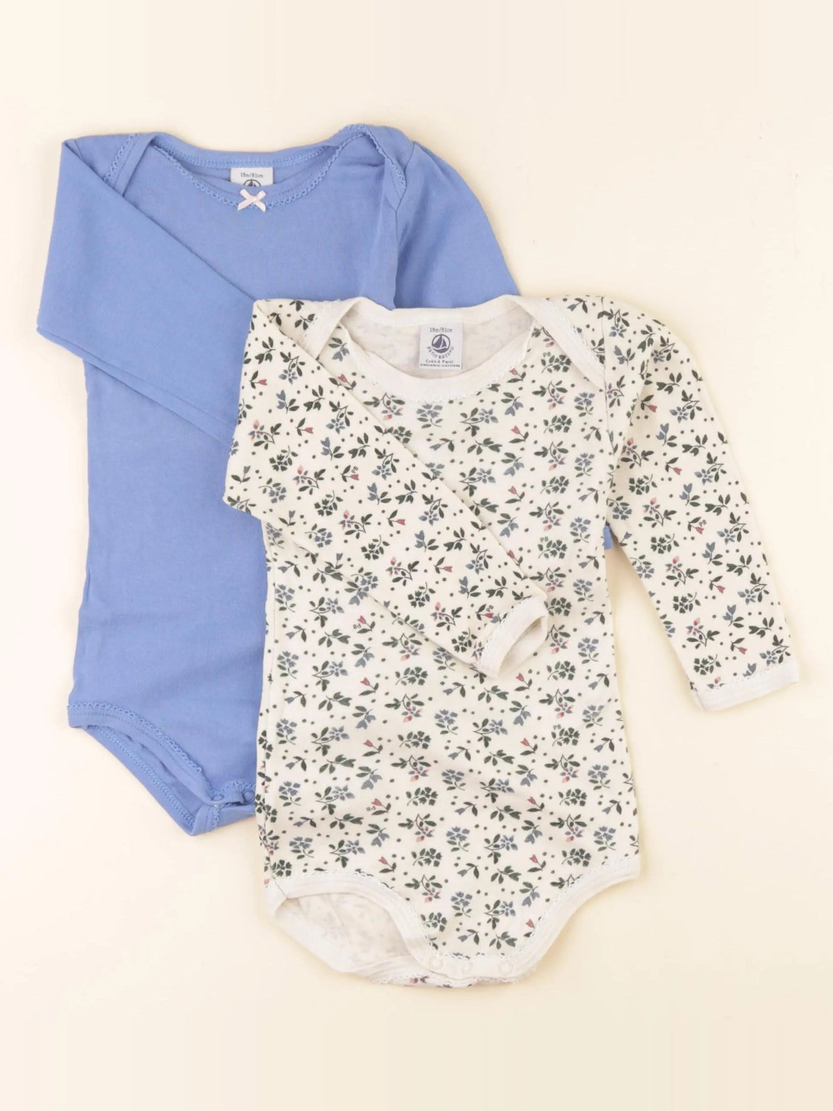 Petit Bateau - lot de 2 bodies en coton beige, bleu, vert - 18 mois