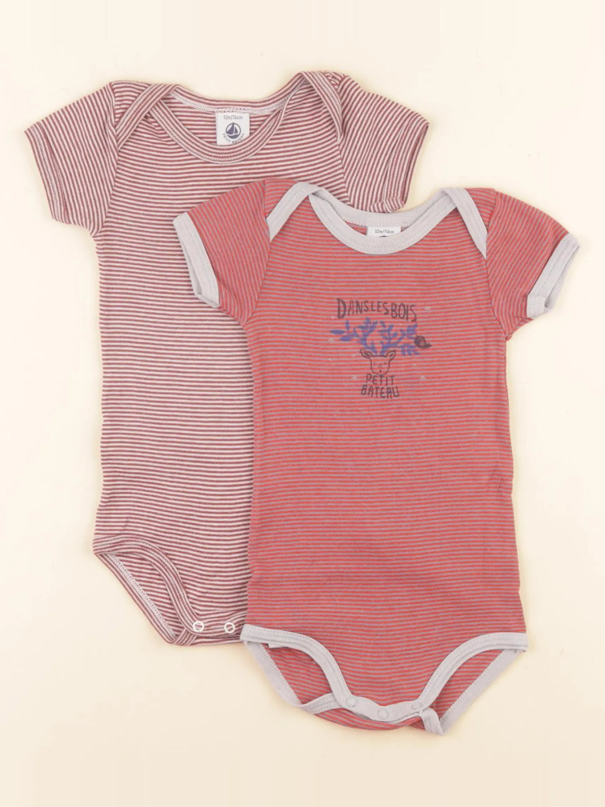 Petit Bateau - lot de 2 bodies en coton rouge, marron - 12 mois