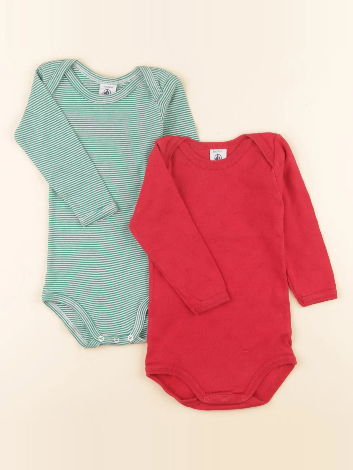Petit Bateau - lot de 2 bodies en coton vert, rouge - 12 mois
