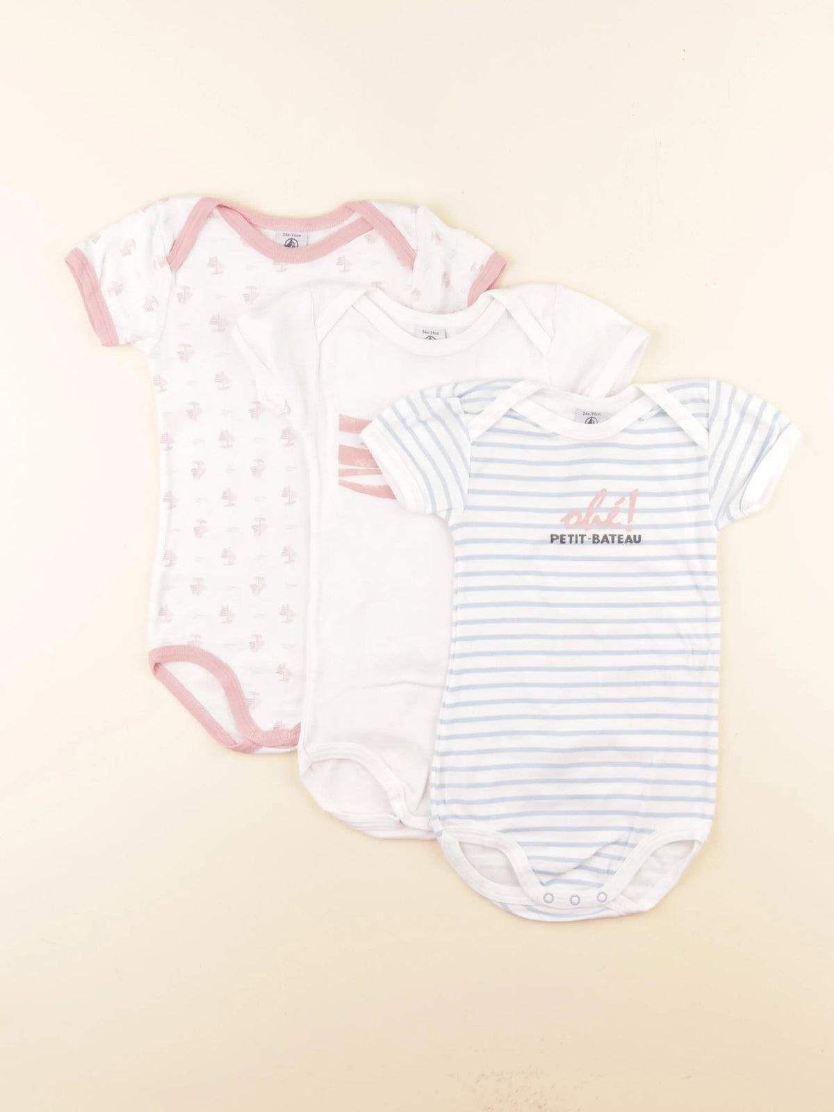 Petit Bateau - lot de 3 bodies en coton blanc, bleu, rose - 2 ans