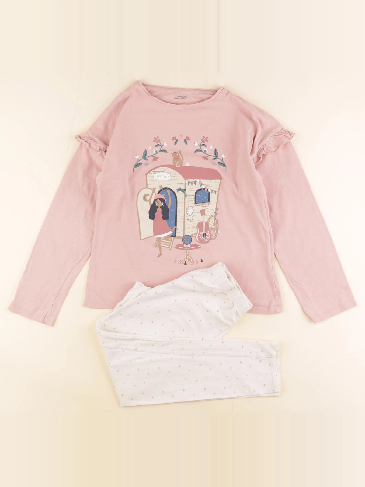 Vertbaudet - pyjama coton beige, rose - 10 ans