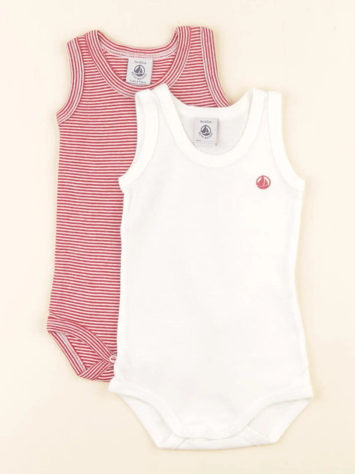 Petit Bateau - lot de 2 bodies en coton blanc, rouge - 3 mois