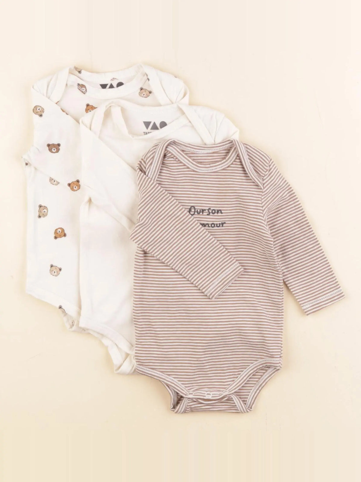 Tape à l'oeil - lot de 3 bodies en coton beige, marron - 3 mois
