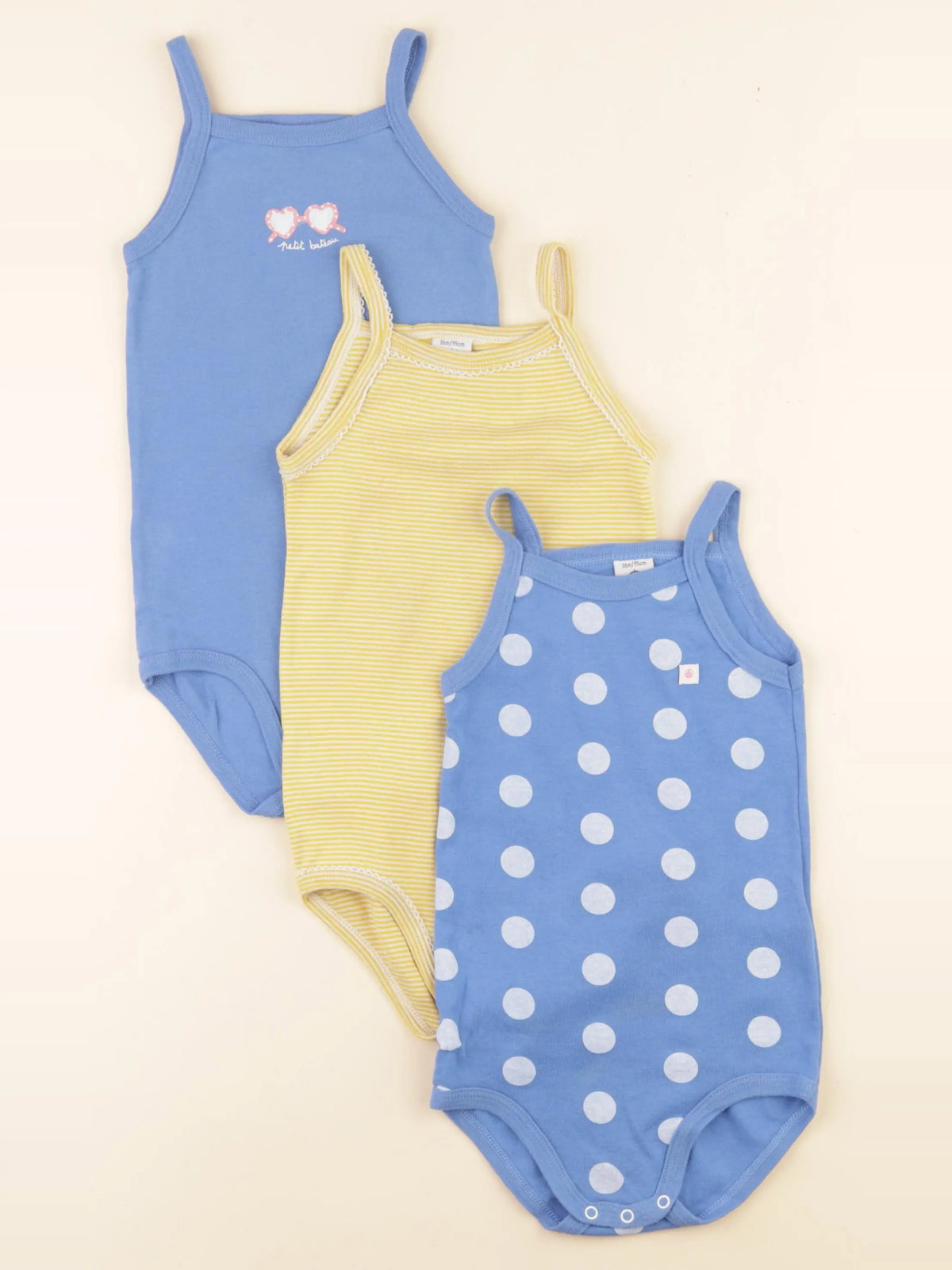 Petit Bateau - lot de 3 bodies en coton bleu, jaune - 36 mois