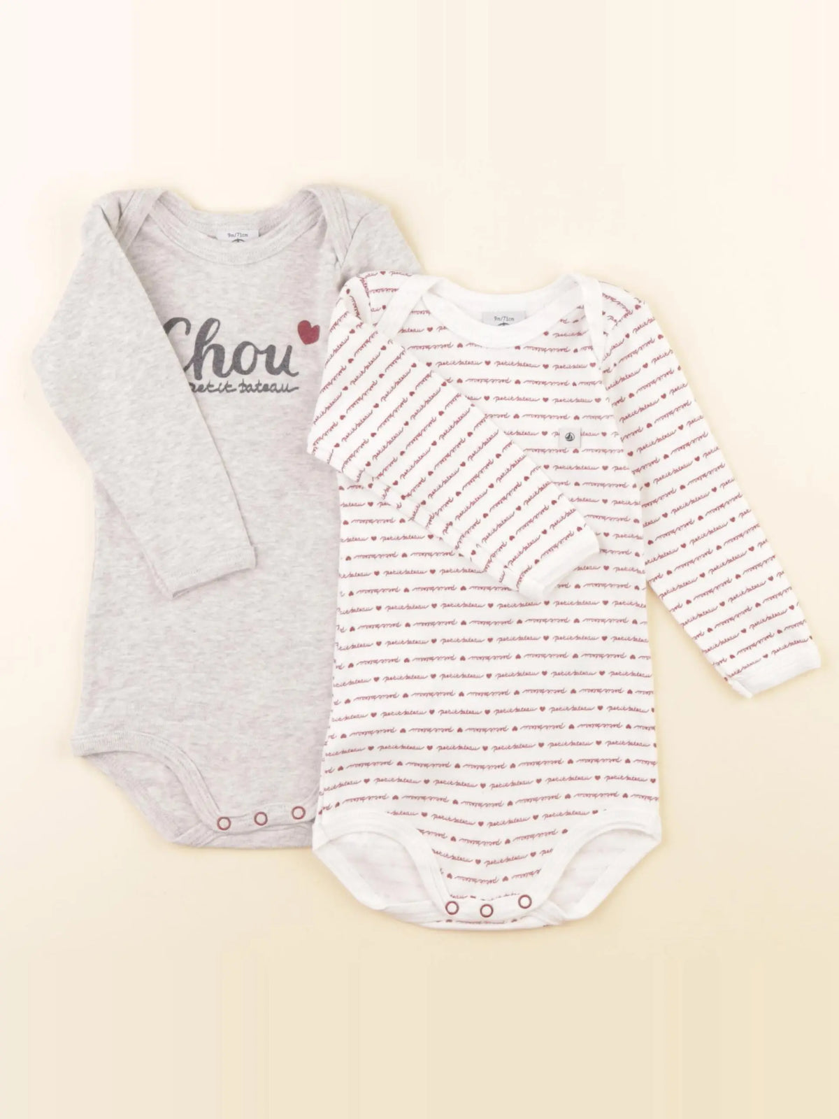 Petit Bateau - lot de 2 bodies en coton gris, rouge - 9 mois