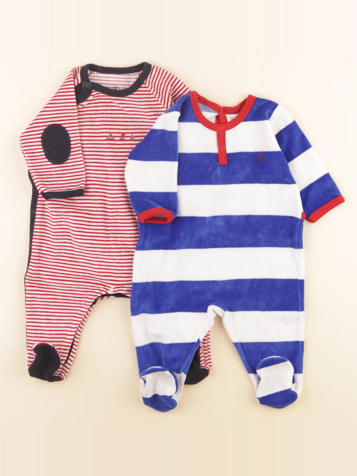 Petit Bateau - lot de 2 pyjamas velours bleu, rouge - 3 mois