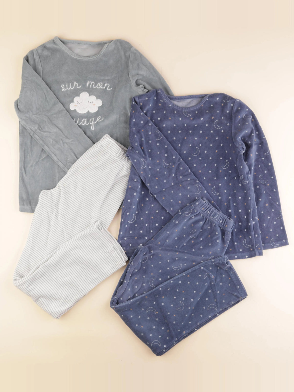 Vertbaudet - lot de 2 pyjamas velours bleu, vert - 12 ans