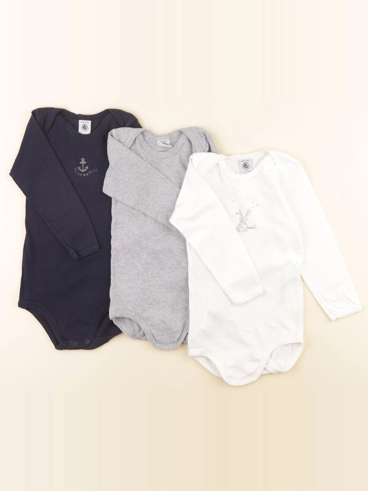 Petit Bateau - lot de 3 bodies en coton bleu, gris - 36 mois