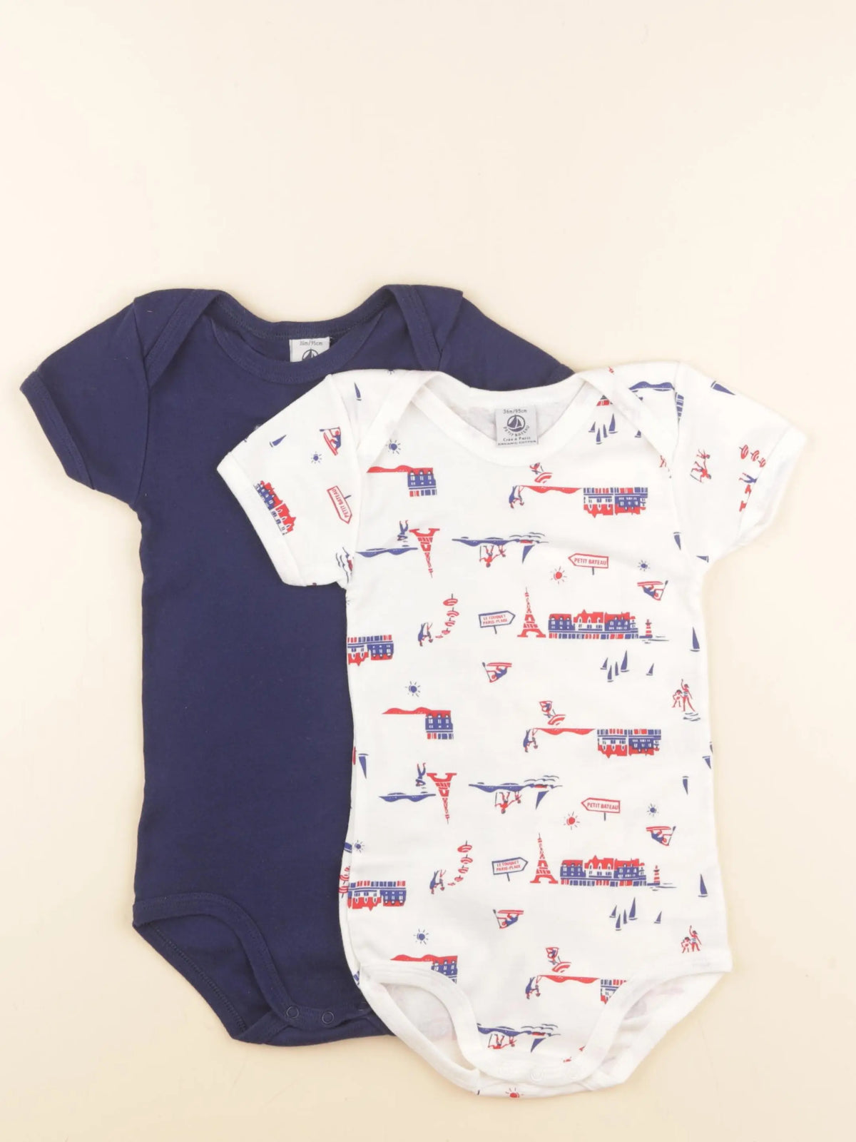 Petit Bateau - lot de 2 bodies en coton blanc, bleu - 36 mois