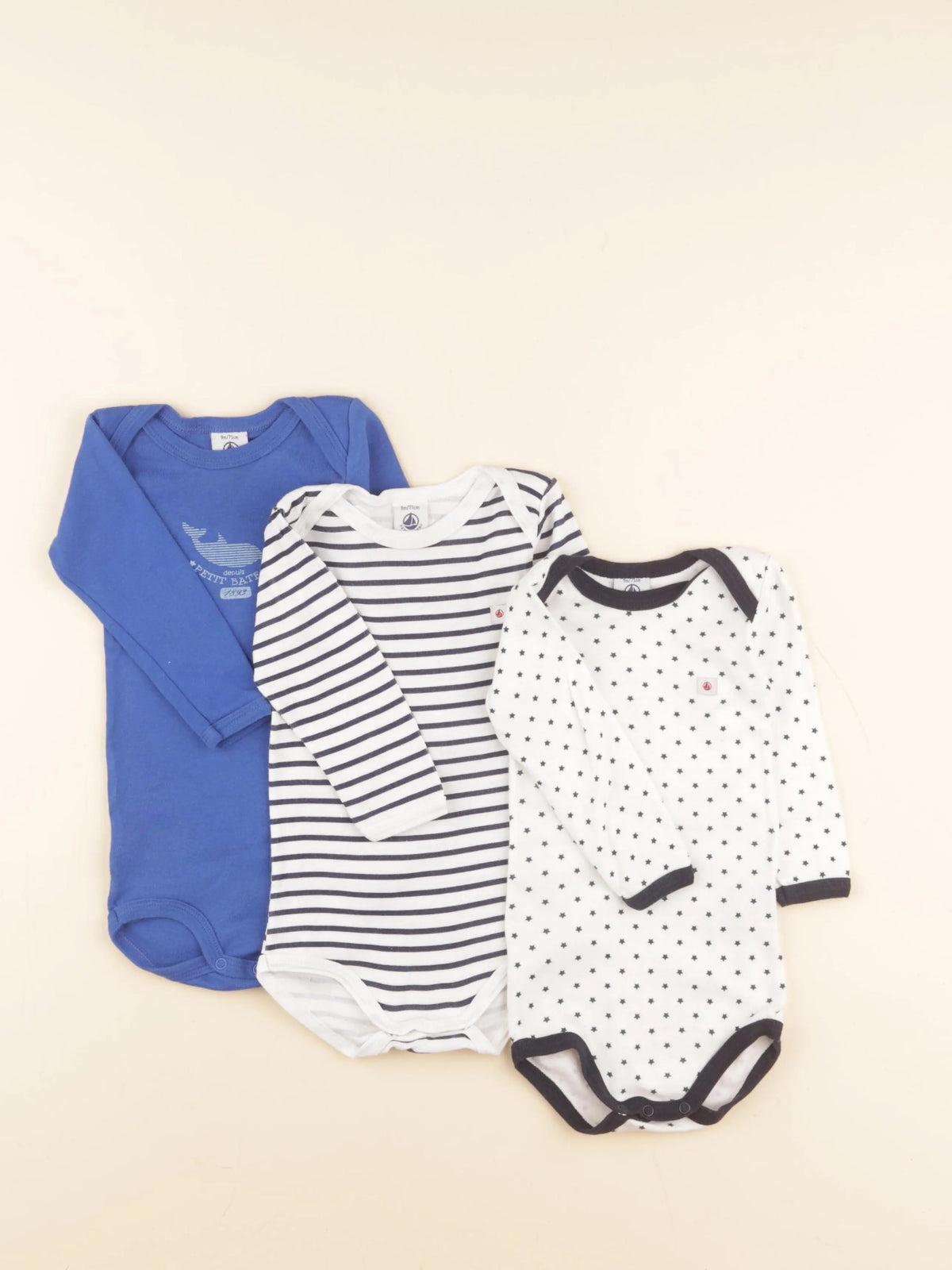 Petit Bateau - lot de 3 bodies en coton blanc, bleu - 9 mois